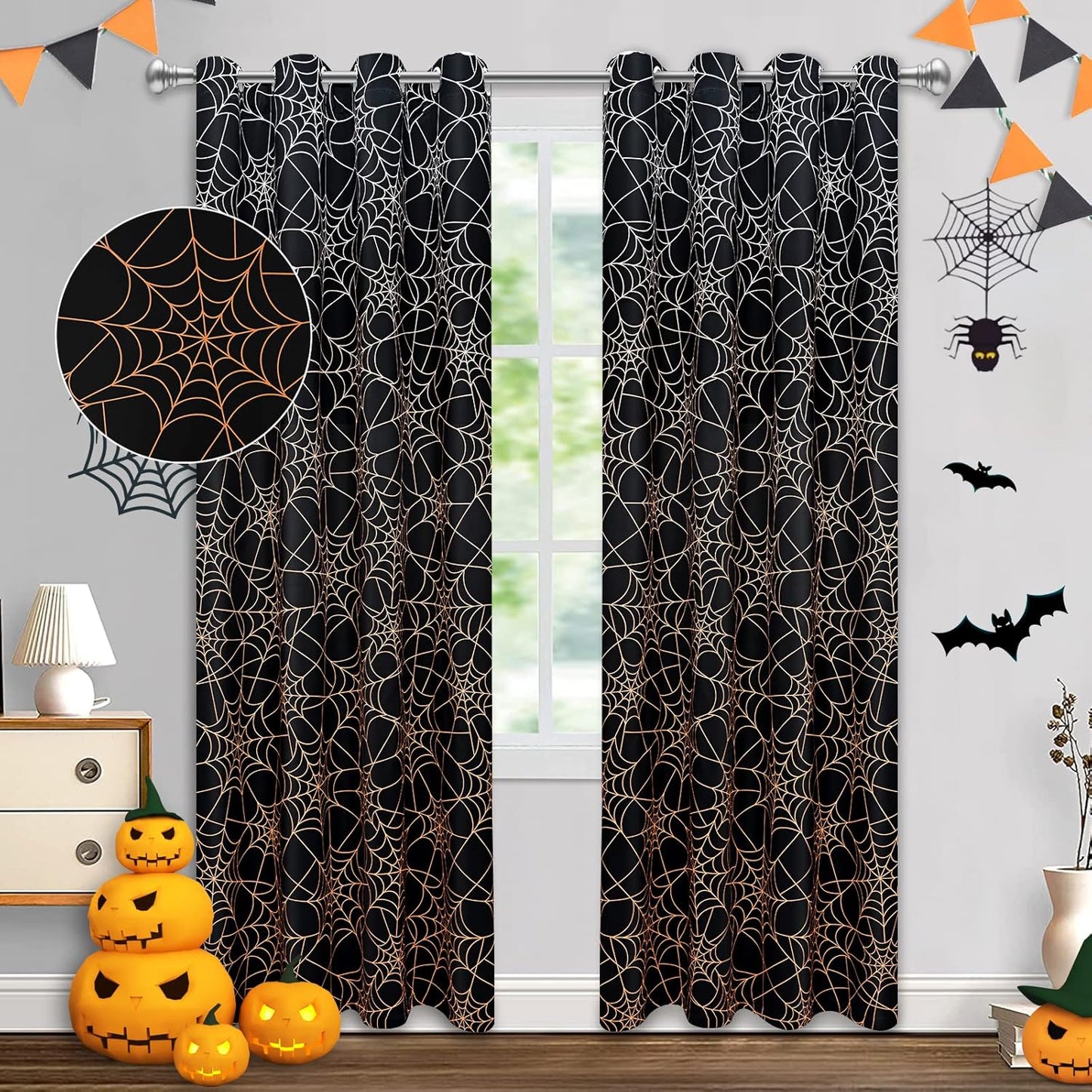 Blackout Halloween Curtains - Spider Web Design
