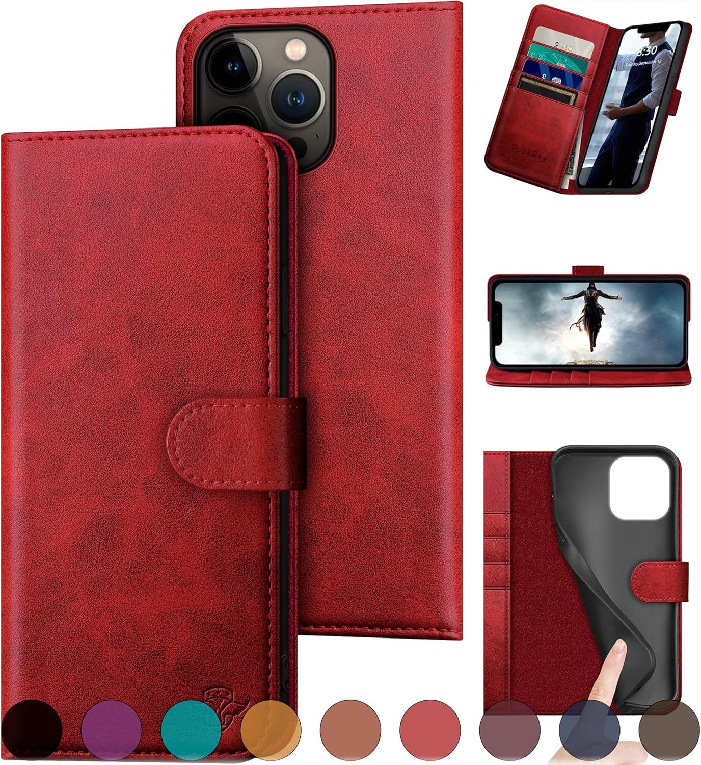 Genuine Leather Wallet Case for iPhone 15 Pro Max with RFID Blocking