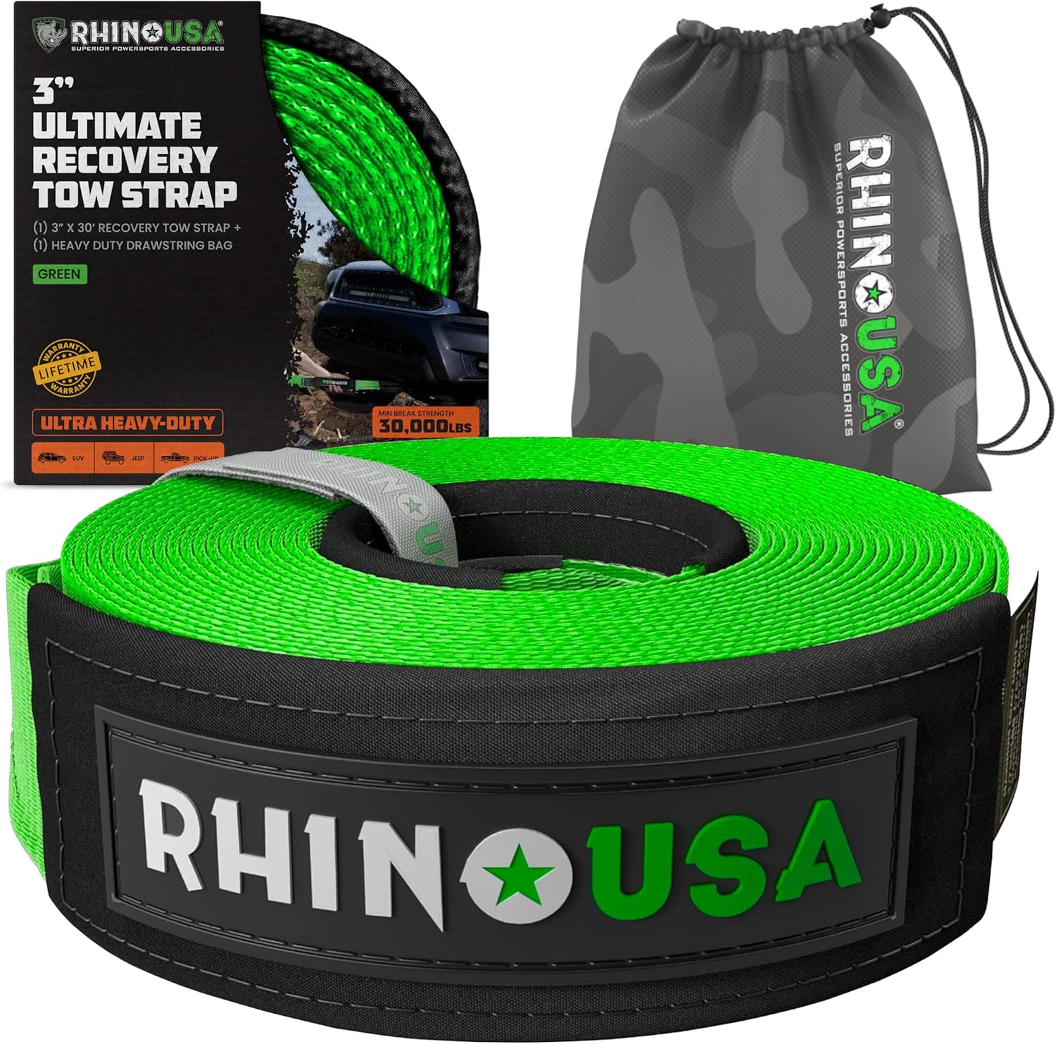 Rhino USA Recovery Tow Strap - Heavy Duty 31,518lb Strength