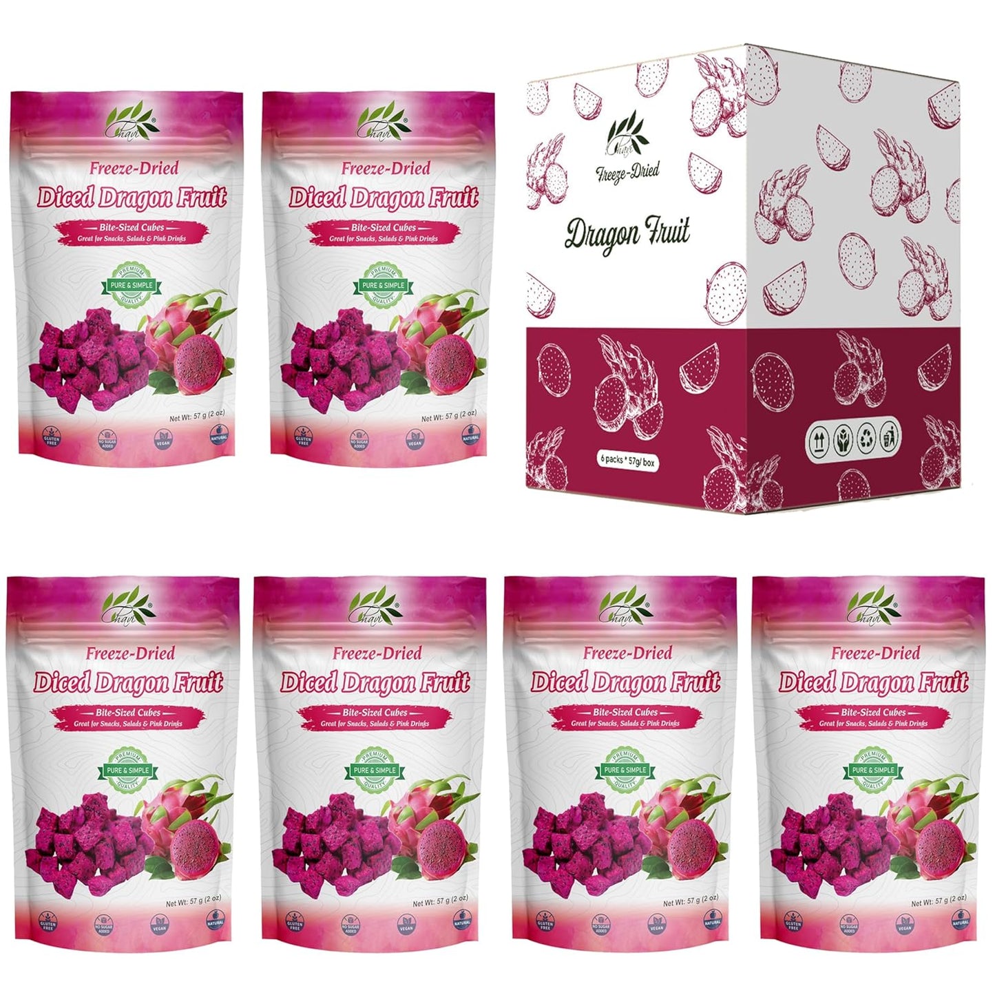 CHAVI Freeze-Dried Diced Dragon Fruit Snack - Healthy Superfood