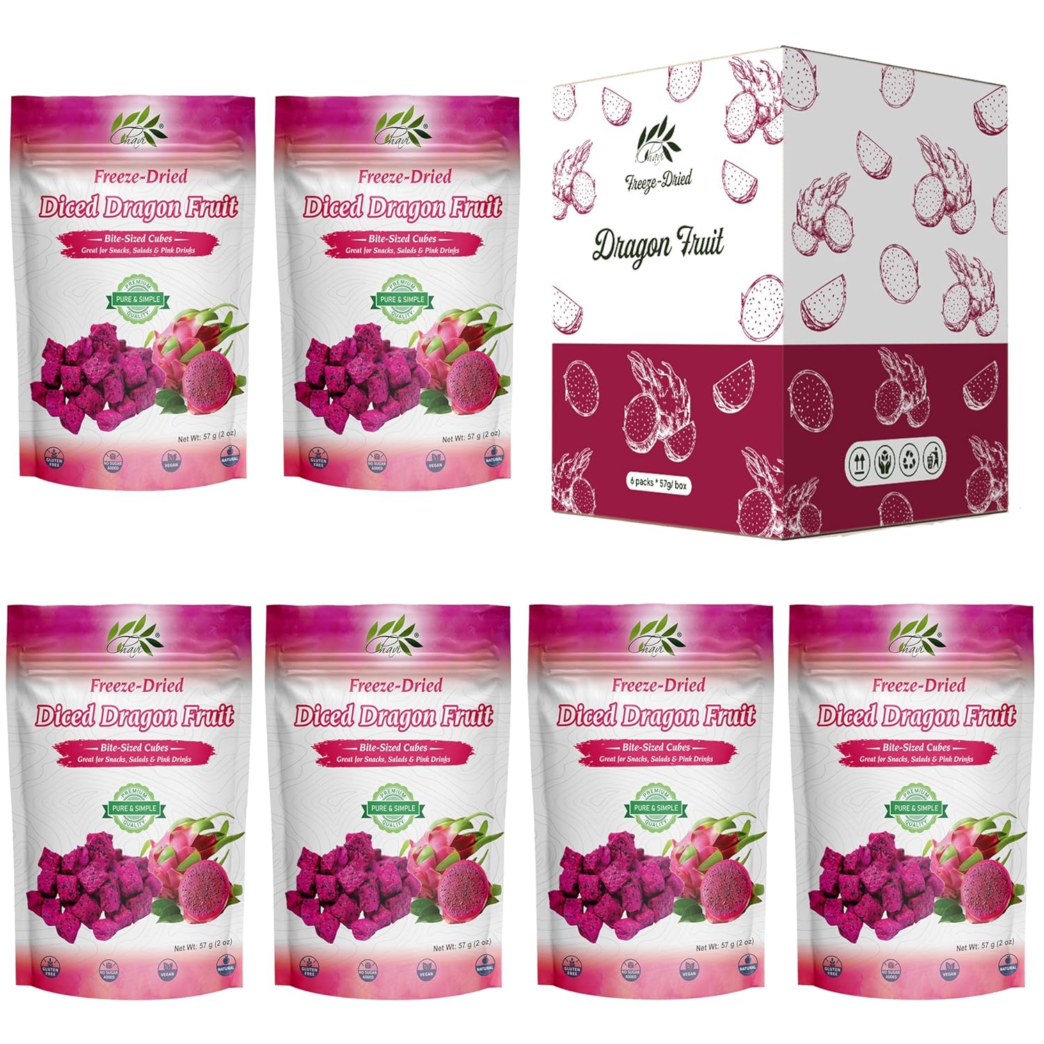 CHAVI Freeze-Dried Diced Dragon Fruit Snack - Healthy Superfood