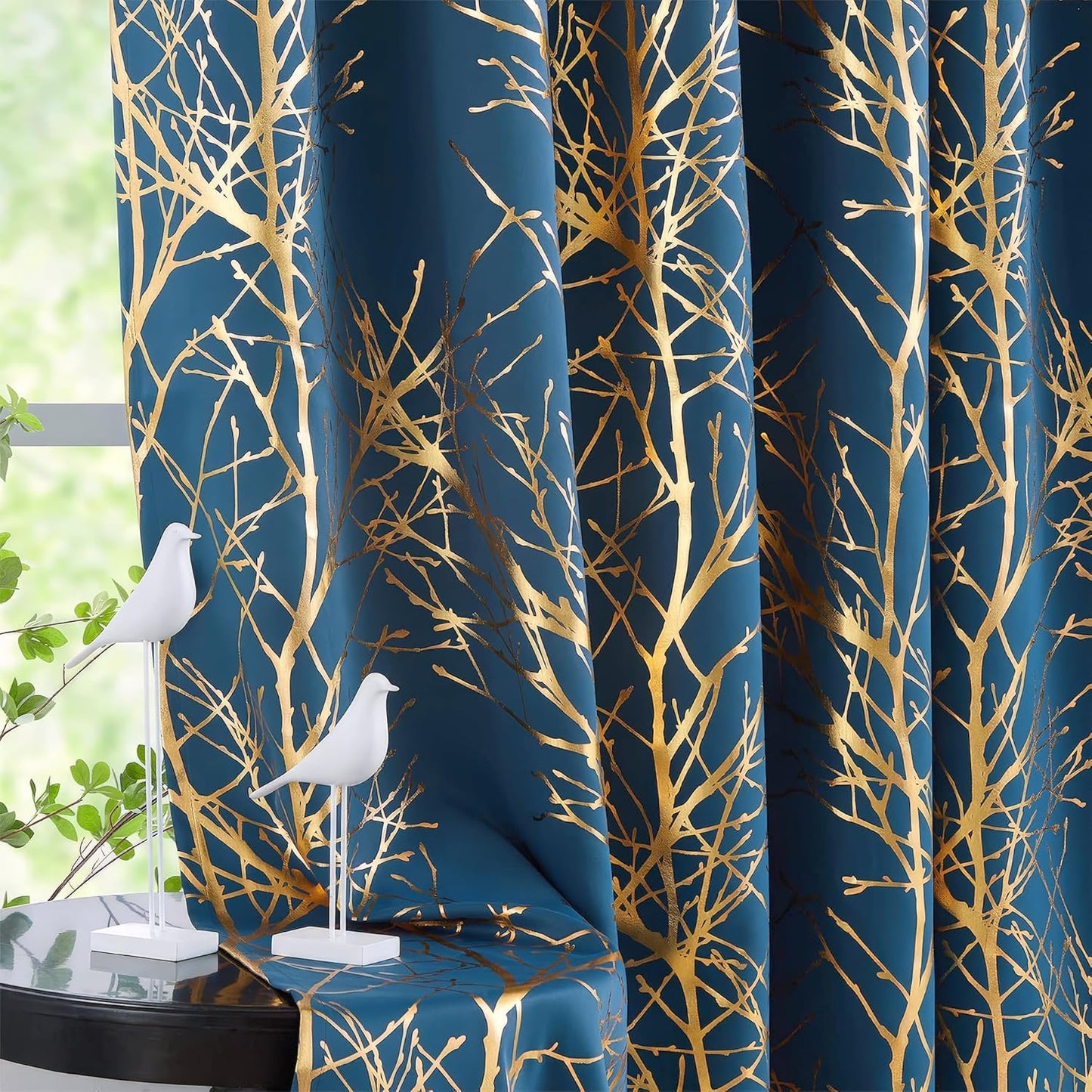 FMFUNCTEX 100% Blackout Curtains with Gold Foil Tree Print