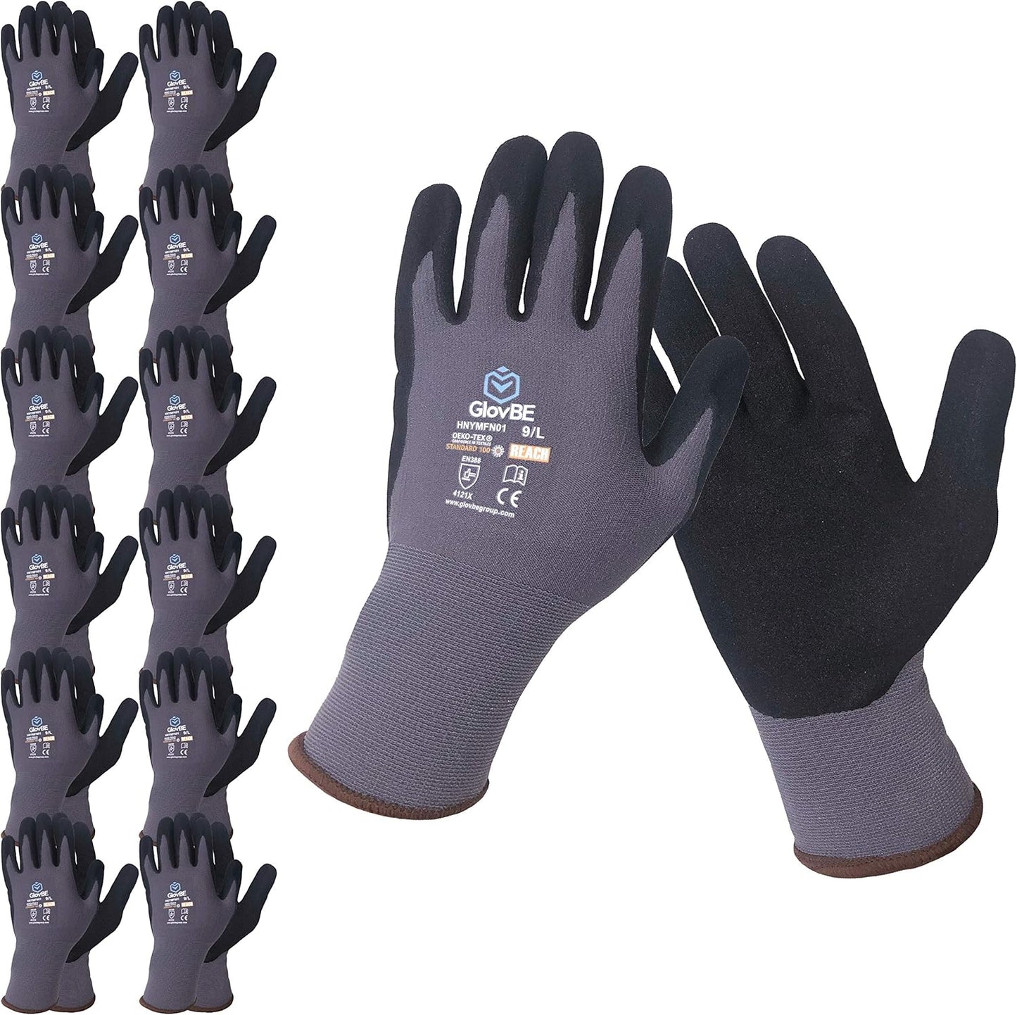 12 Pairs Nitrile Coated Work Gloves, Smart Touch, Slip Resistant - GlovBE
