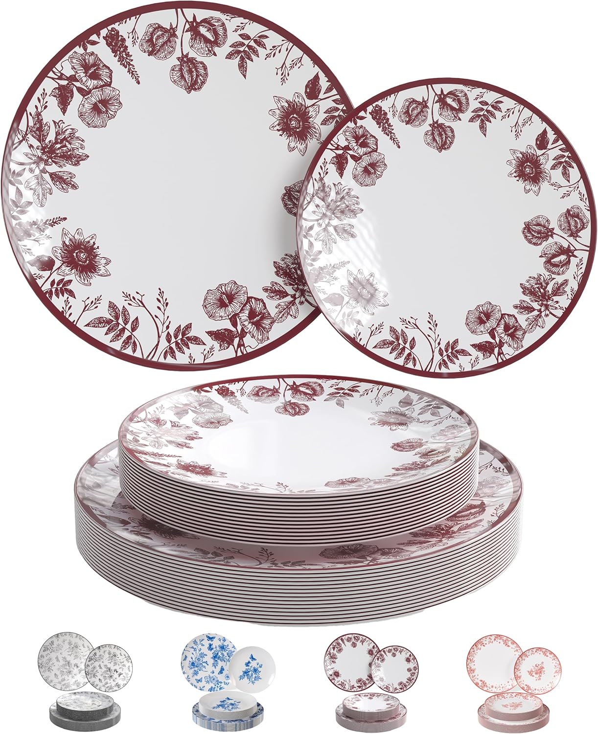 Burgundy Floral Disposable Plates for Elegant Party Supplies
