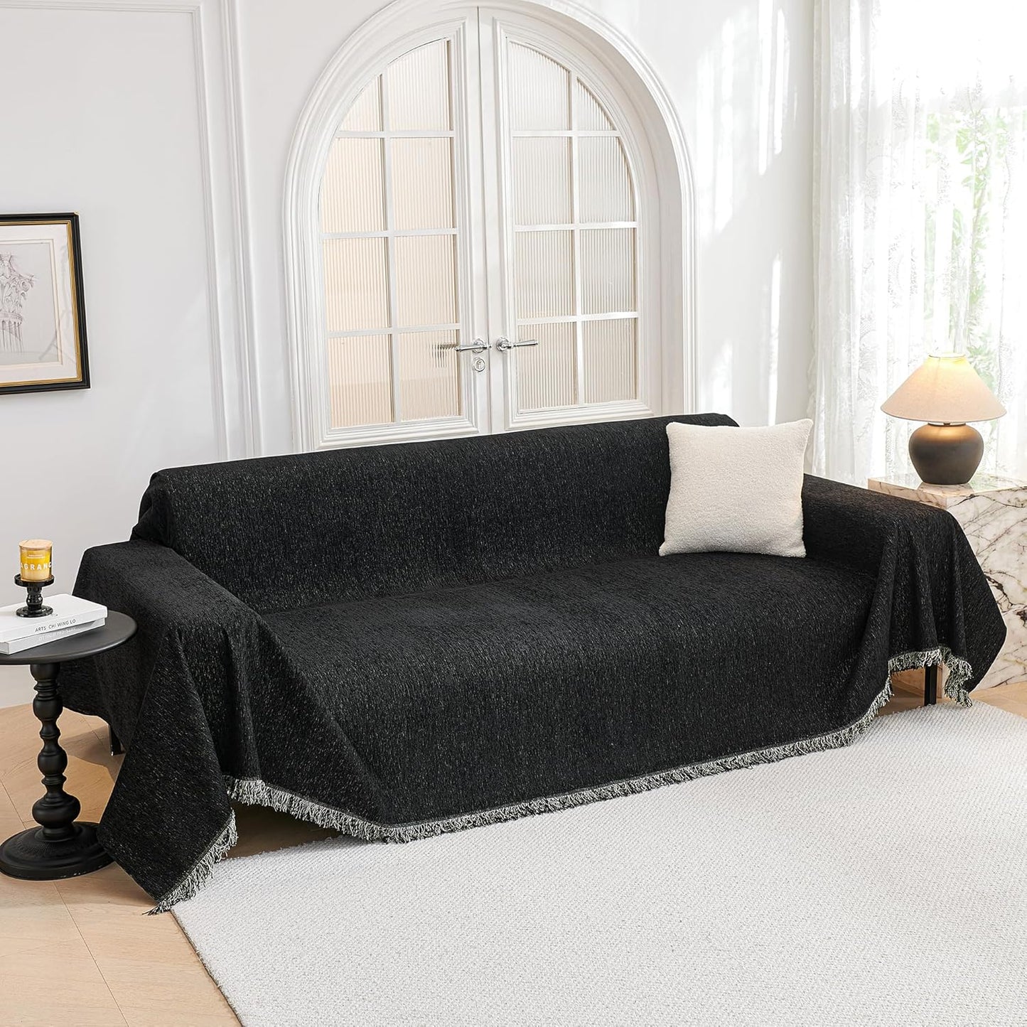 Black Chenille Sofa Slipcover for Sectional Couch Protector