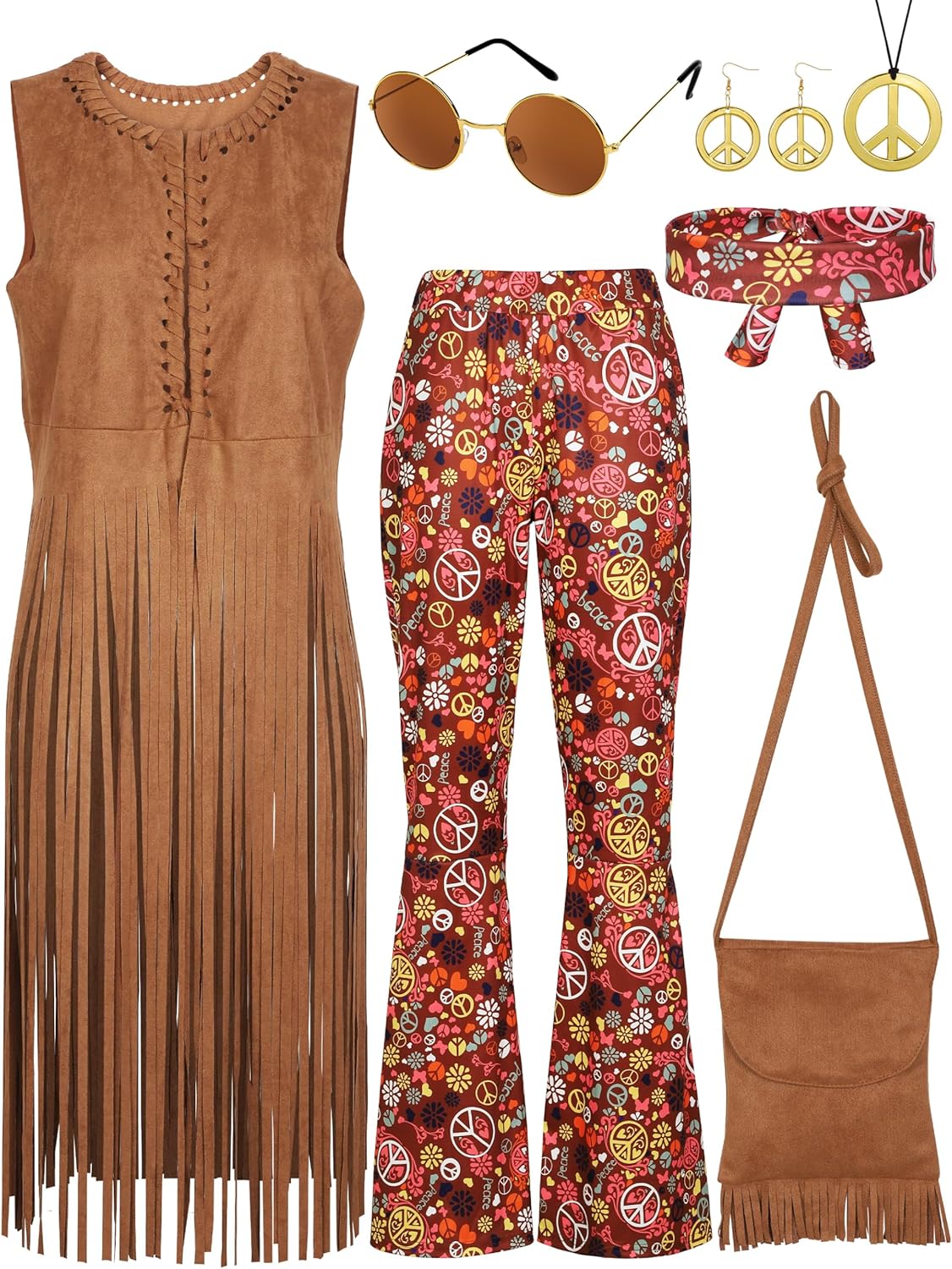 SOMSOC 7 Pieces 70s Women Hippie Costume for Halloween Fun