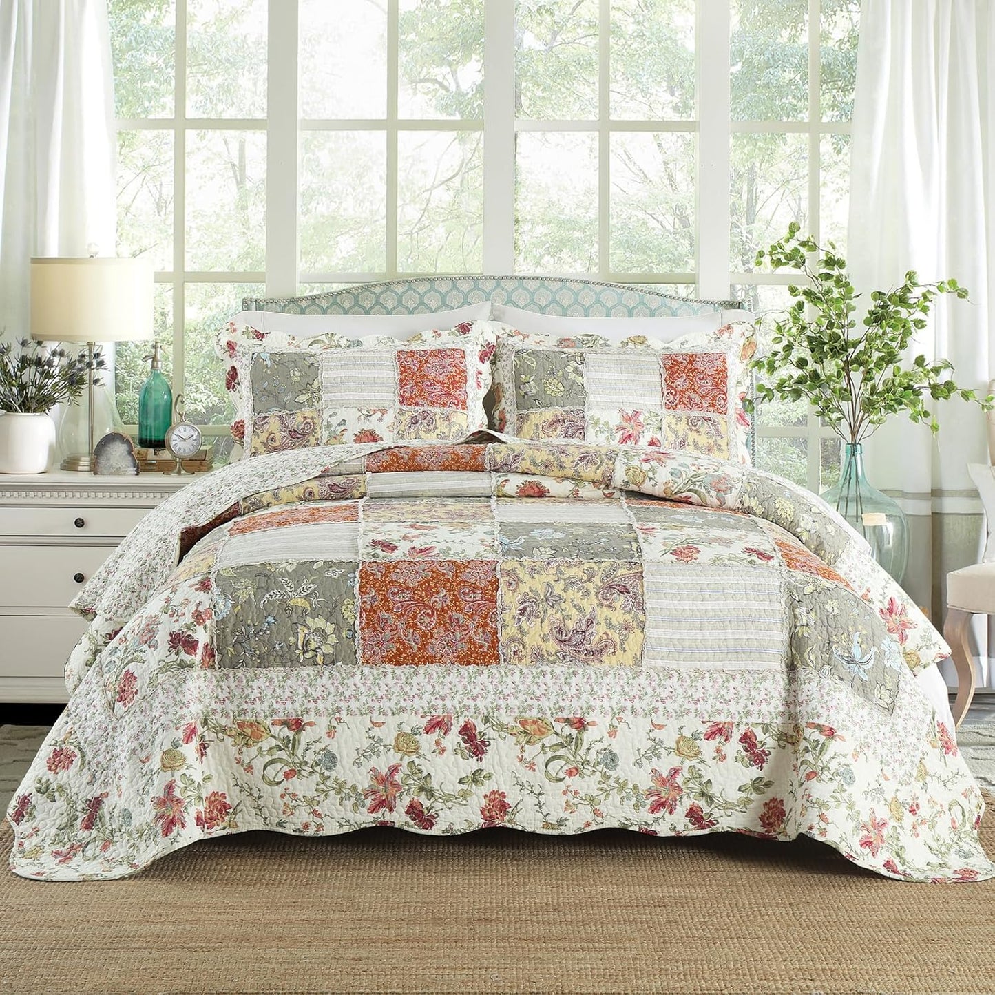 Yvooxny King Size Quilt Set - Reversible Floral Patchwork Bedding