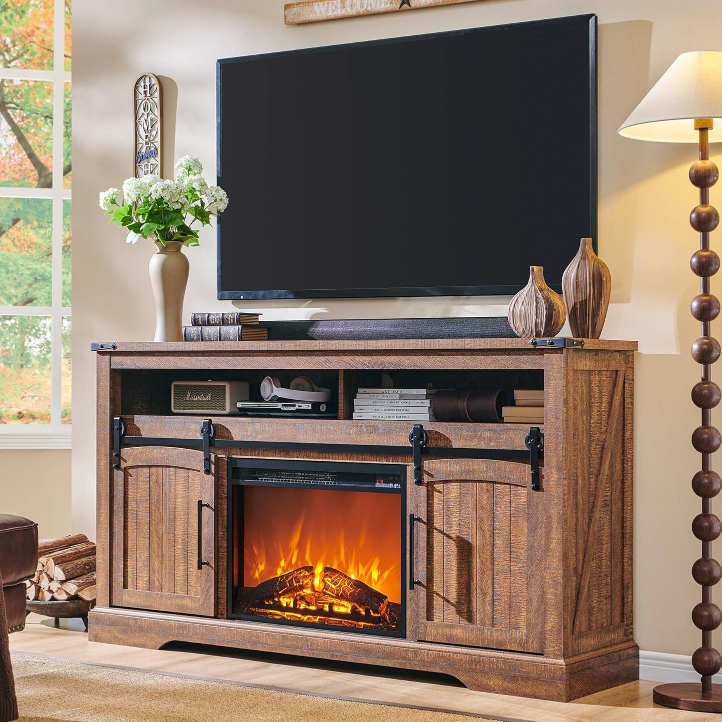 Rustic Highboy Fireplace TV Stand for 70+ Inch TV