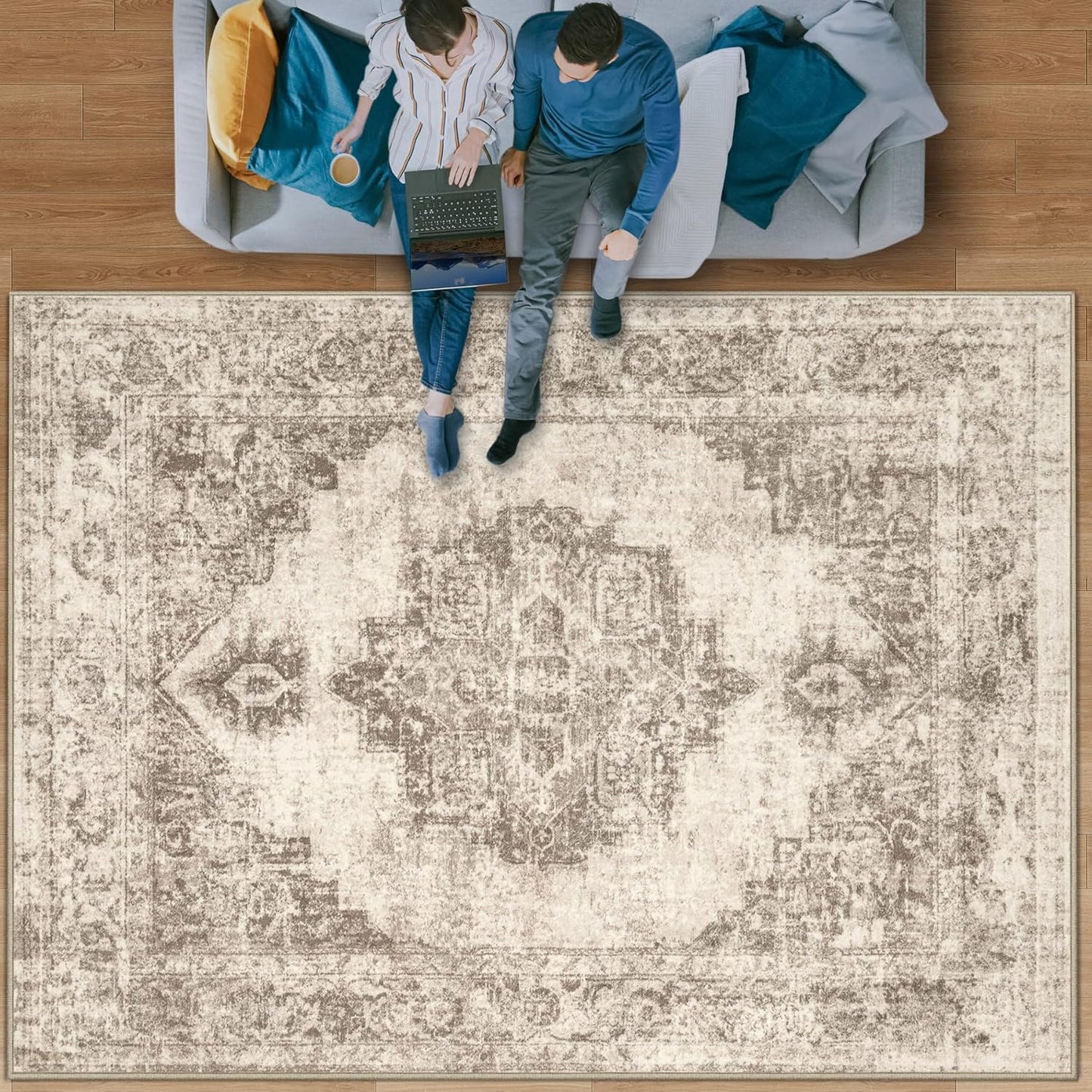 Vintage Area Rug 8x10: Washable Low Pile Medallion Carpet