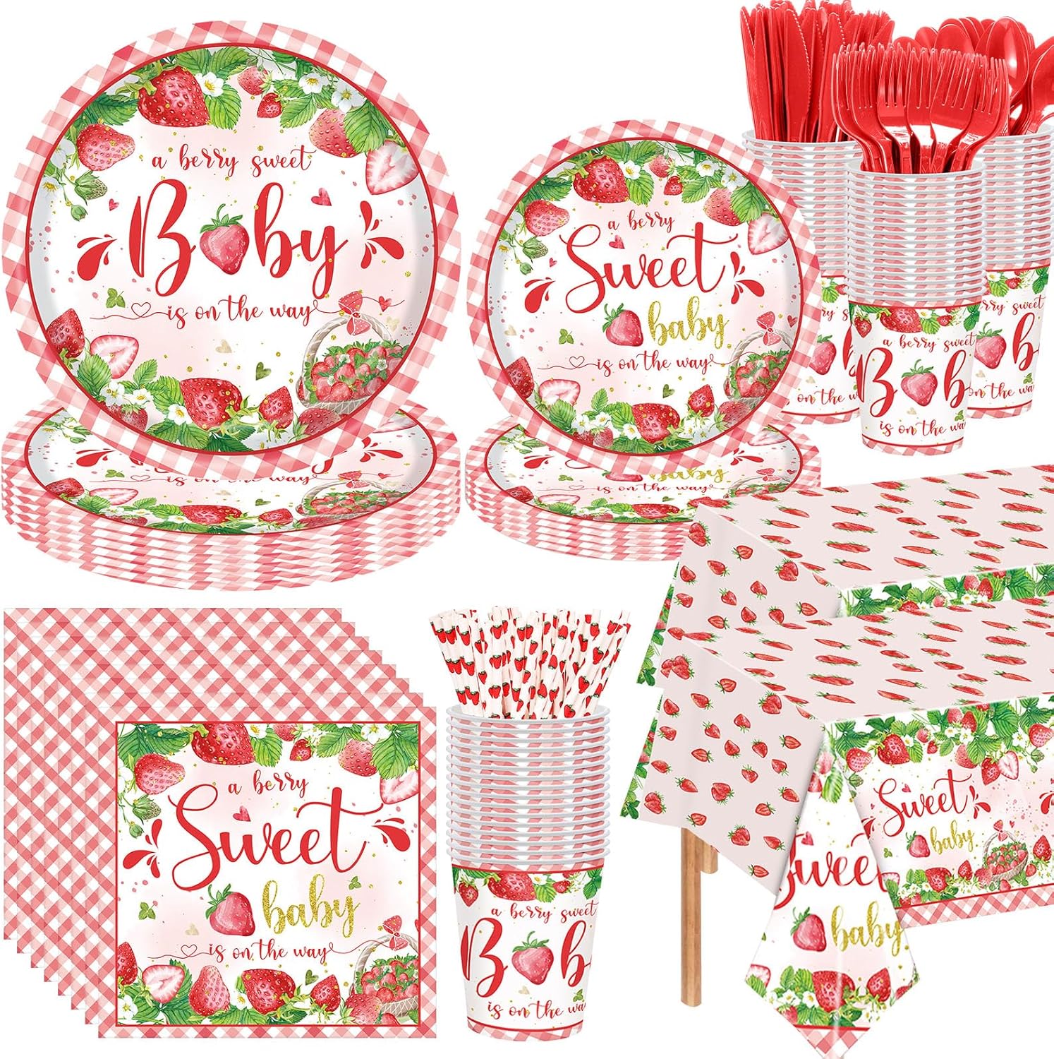 Strawberry Baby Shower Decorations with Plates, Cups, and More