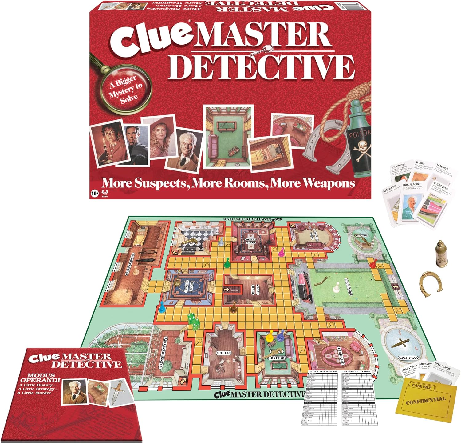 Clue Master Detective Game with Oversized Brass Tone Weapons
