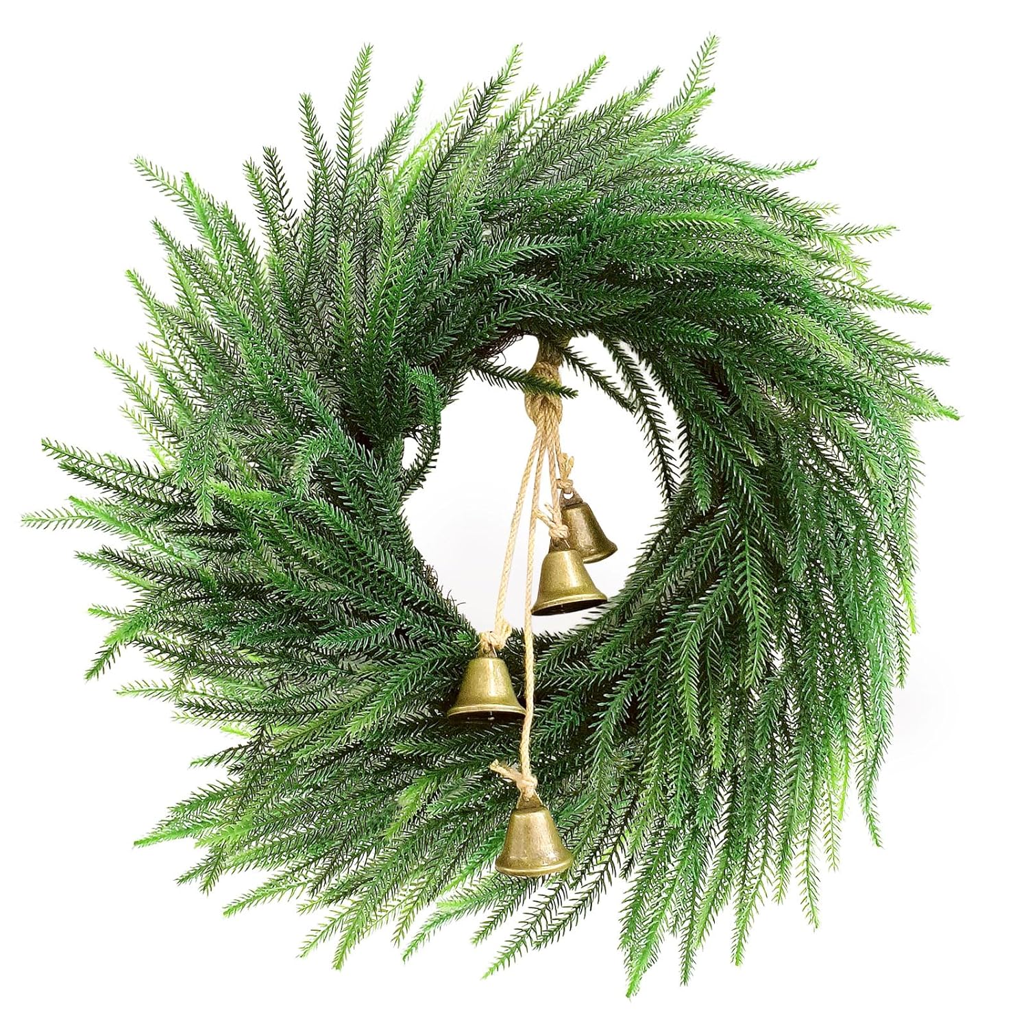 Faux Christmas Norfolk Pine Wreath with Rustic Iron Bells