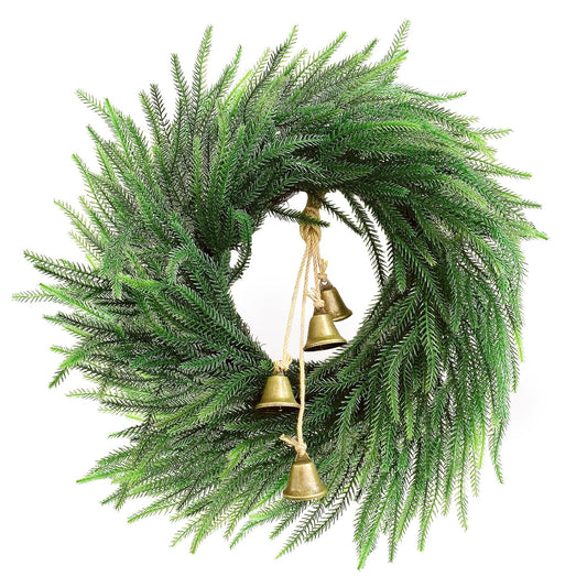 Faux Christmas Norfolk Pine Wreath with Rustic Iron Bells