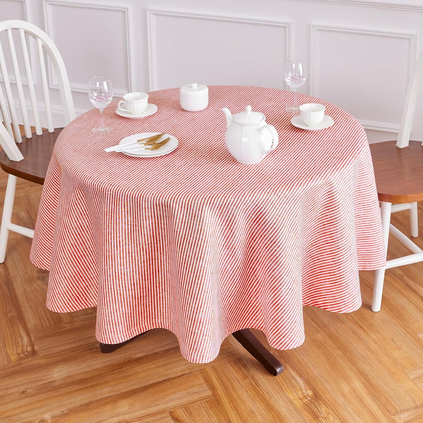 60 Inch Round Tablecloth in Red and White - Pure Linen Beauty