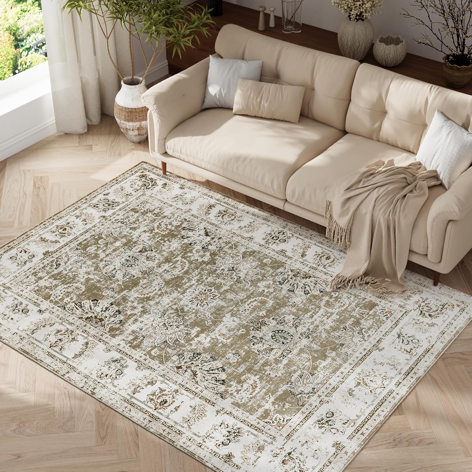Distressed Vintage Floral Area Rug for Bedroom and Living Room