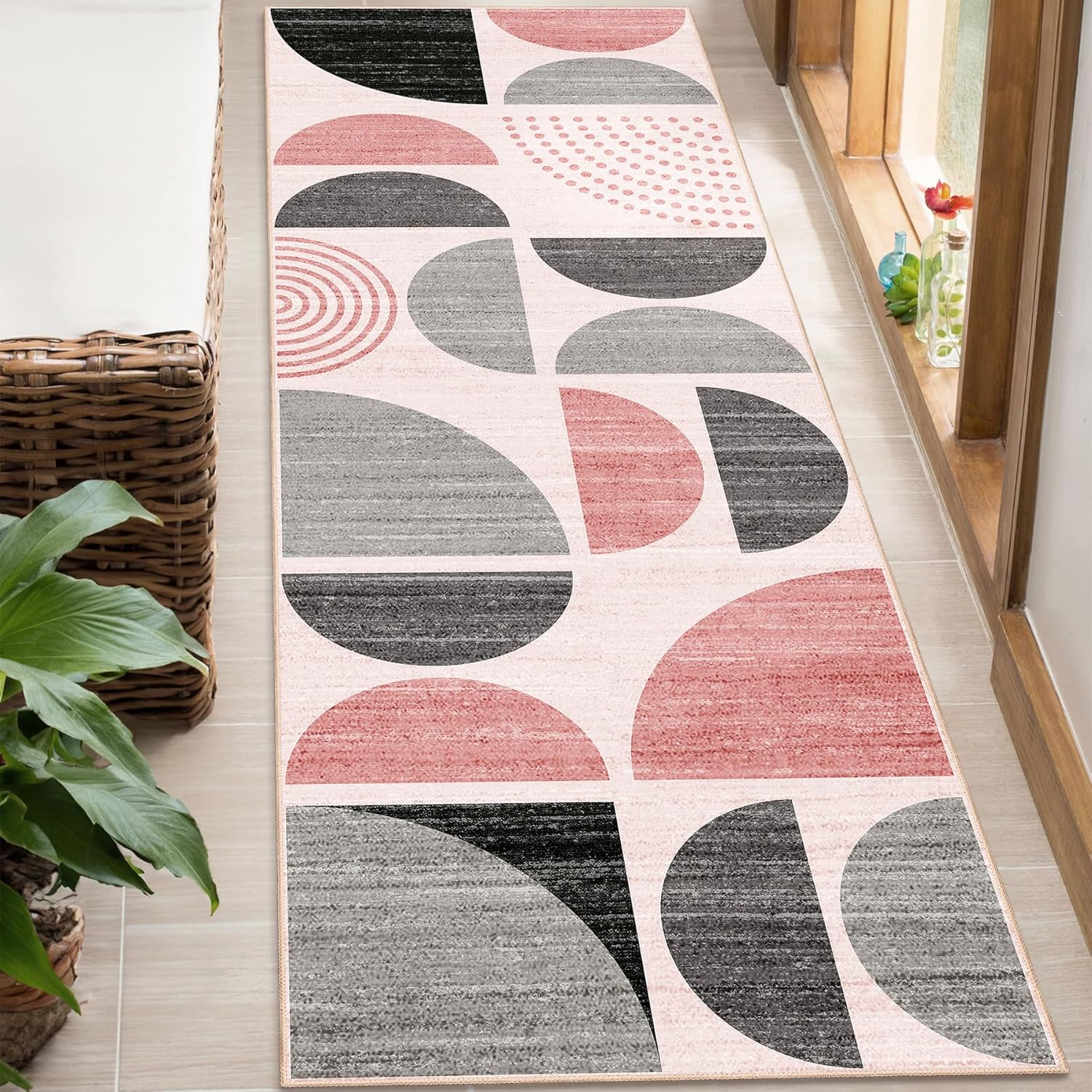 MUJOO Pink Runner Rug Washable for Hallways and More
