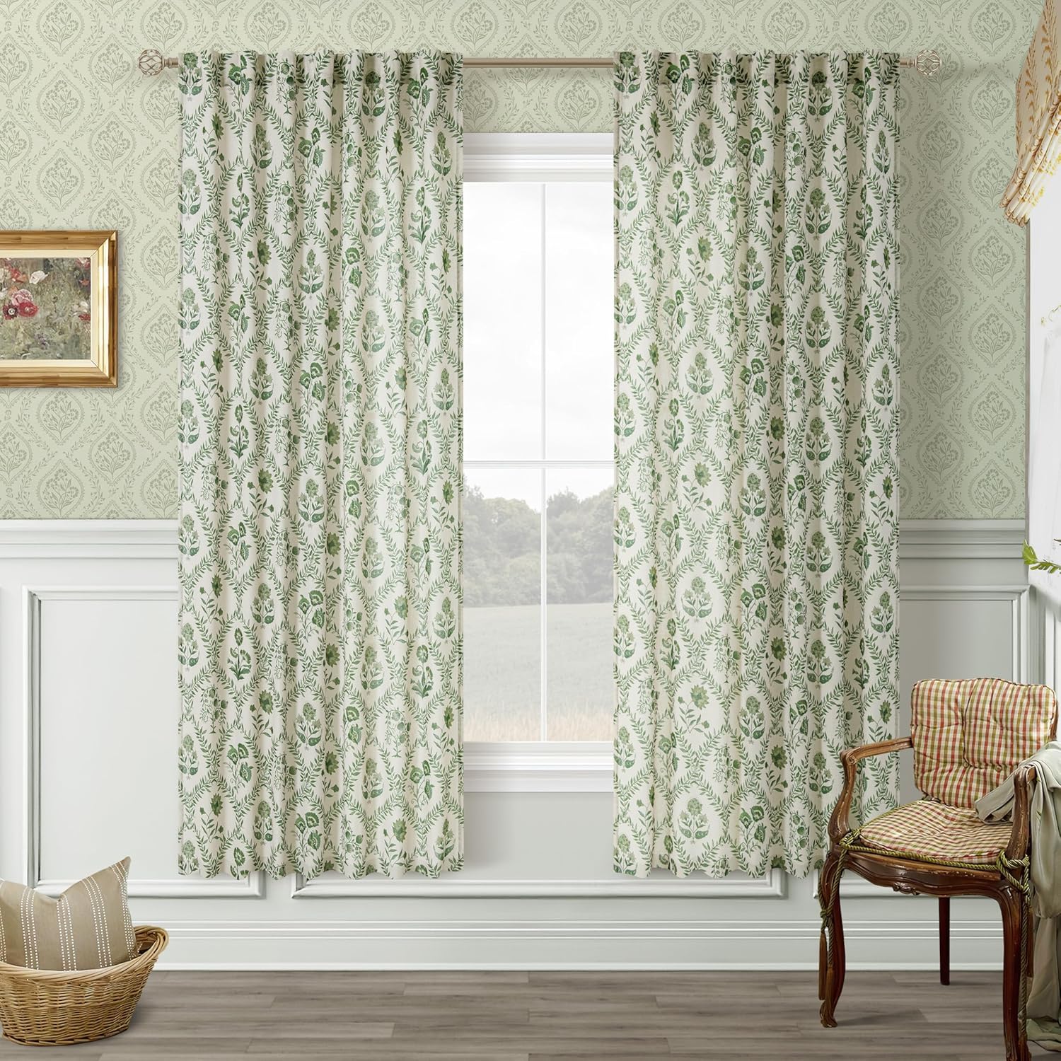 Green Floral Linen Curtains Set for Vintage Inspired Decor