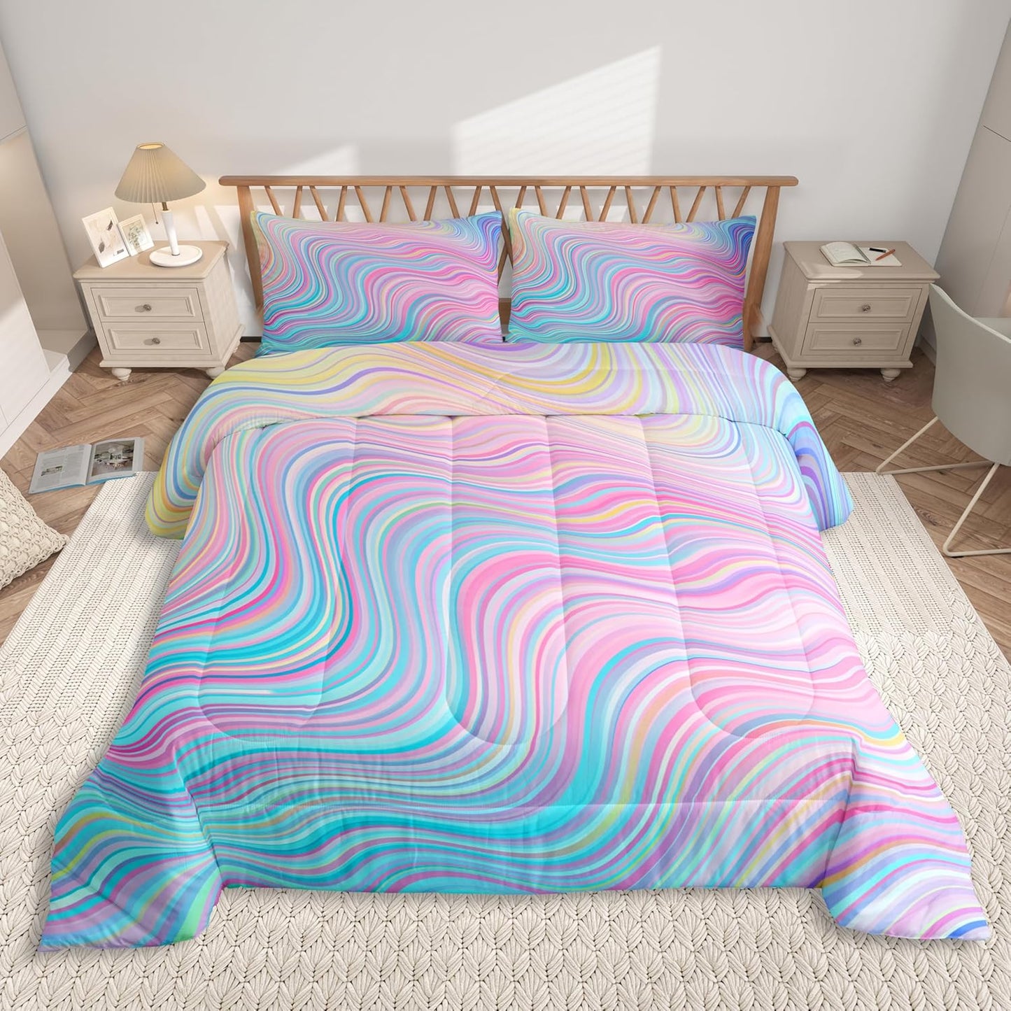 Feelyou Girls Pink Comforter Set Queen Size Rainbow Stripe Bedding