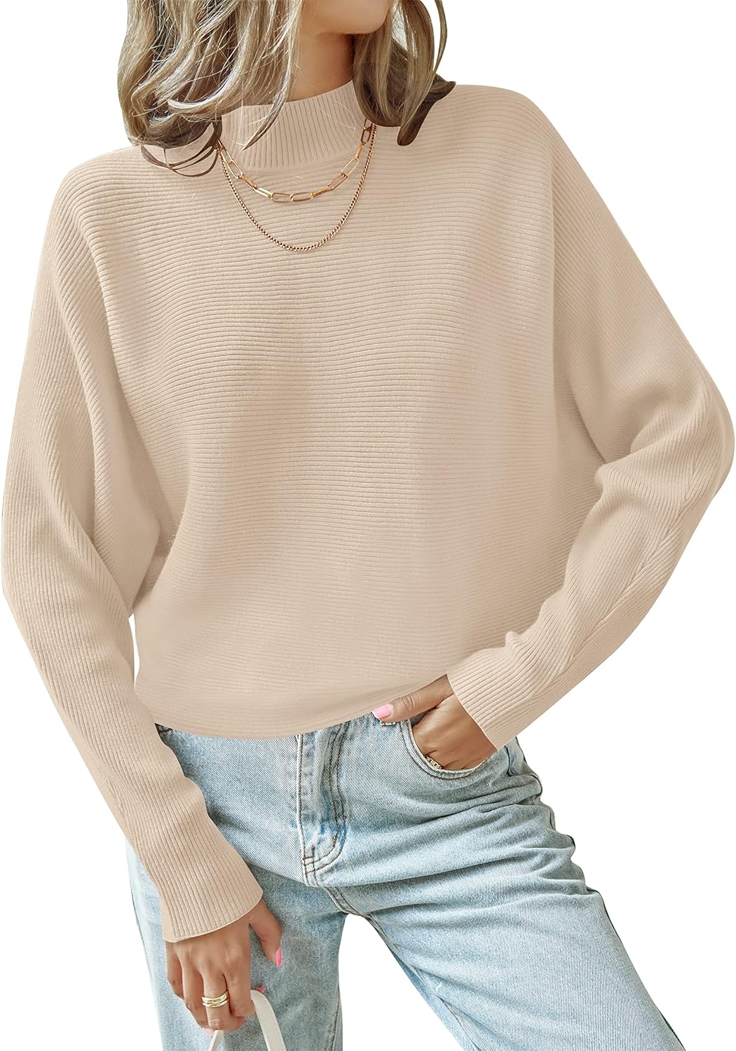 ZESICA Women's Turtleneck Batwing Long Sleeve Pullover Sweater