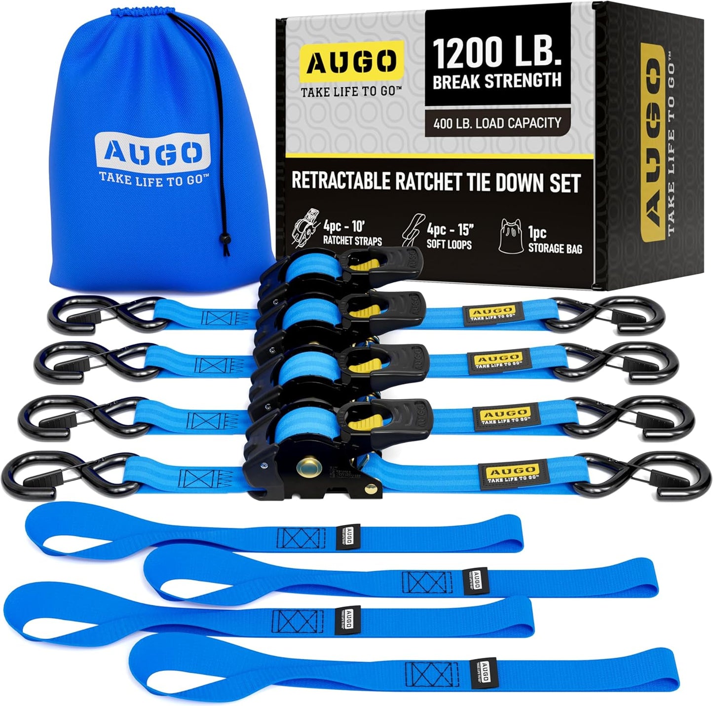 AUGO Retractable Ratchet Straps for Heavy Duty Cargo Tie Downs