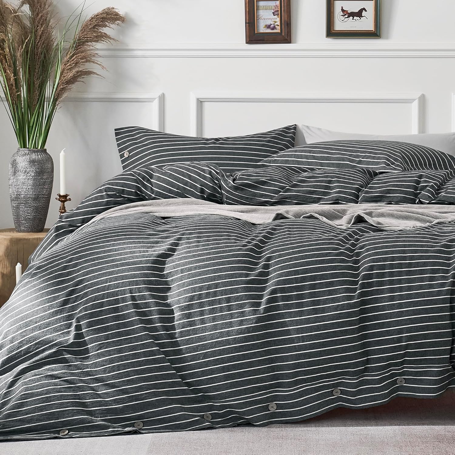 JELLYMONI Cotton Duvet Cover Full Size - Gray Pinstriped Set