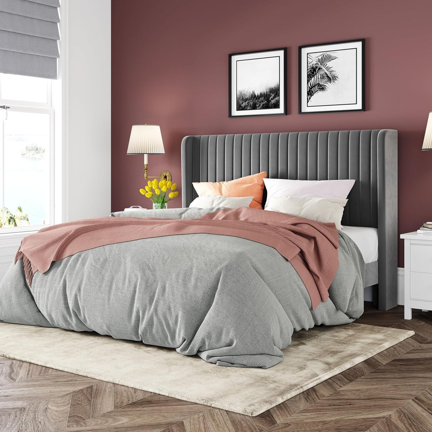 Allewie Queen Size Velvet Bed Frame with Wingback Headboard