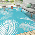 Pauwer Waterproof Outdoor Rug 10x14 - Reversible Leaf Teal Patio Mat