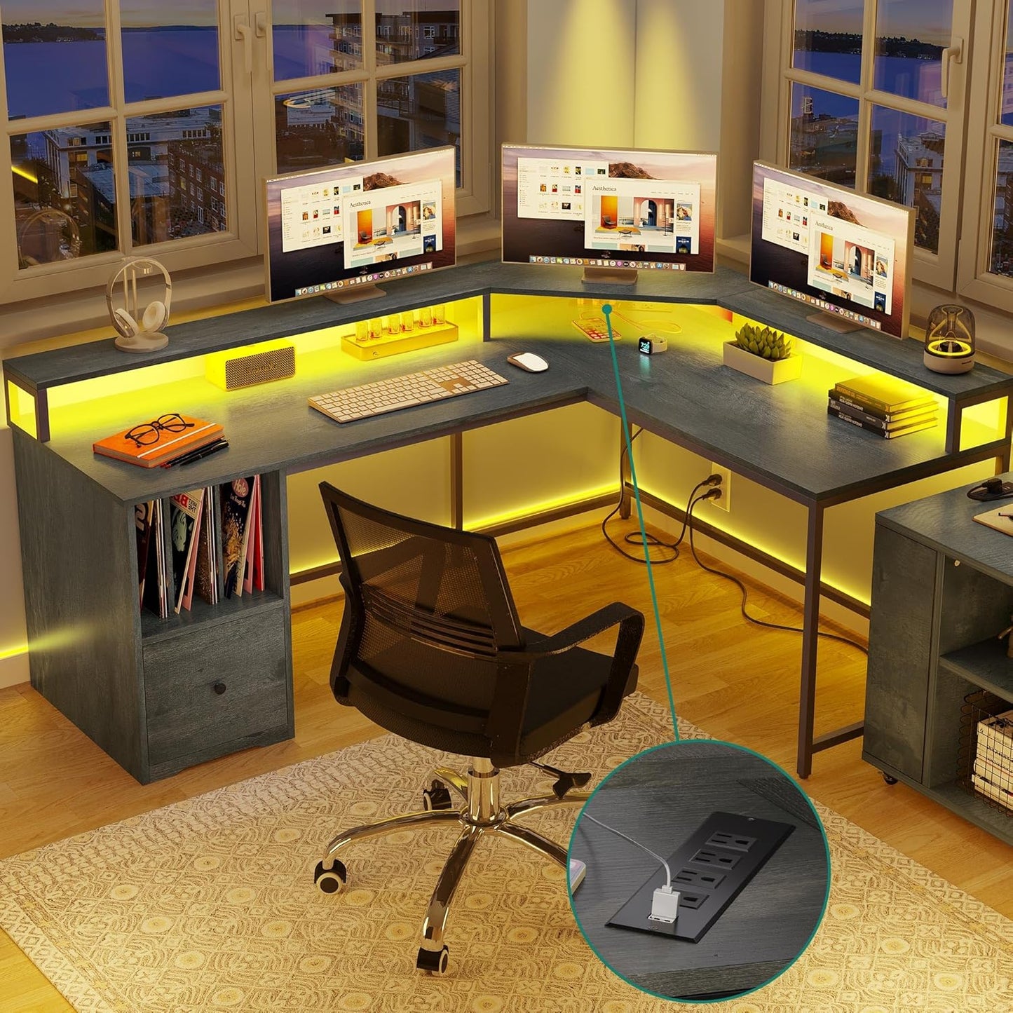 YITAHOME L Shaped Desk with Power Outlets & LED Lights - Efficient Home Office Solution