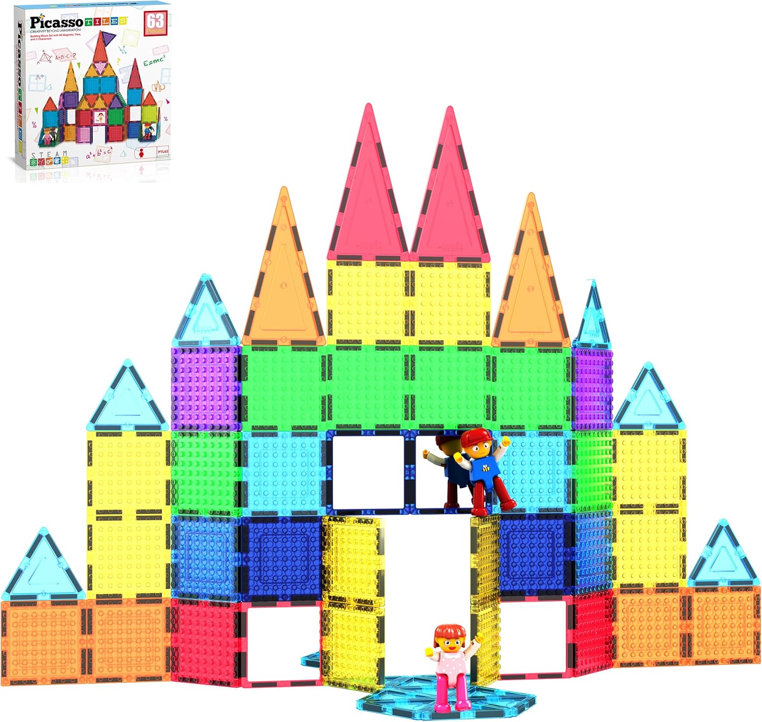 PicassoTiles 63pc Magnetic Tile Building Block Set for Kids