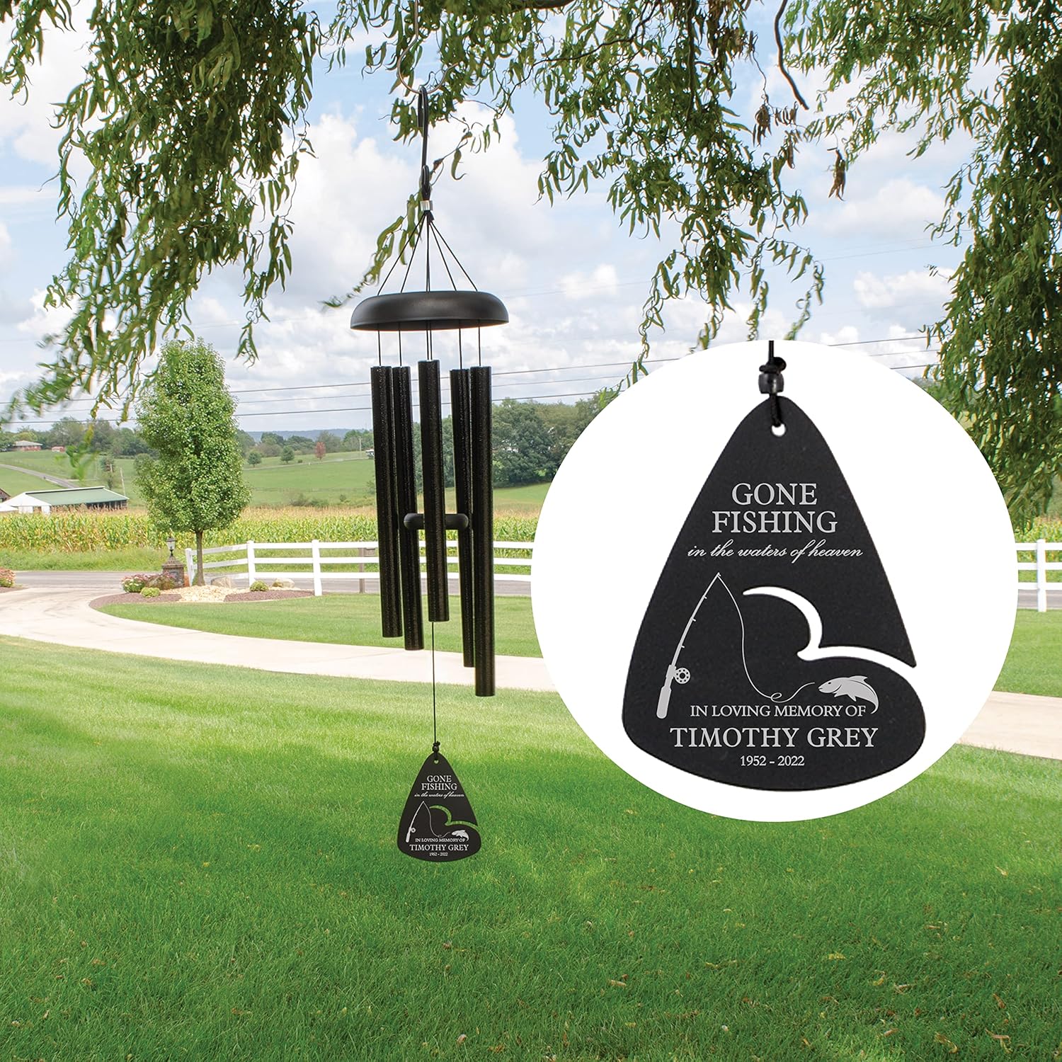 Personalized Gone Fishing in Heaven Sympathy Wind Chime 30in Black