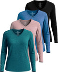 Long Sleeve Dry Fit V-Neck Athletic T-Shirt 4 Pack - Moisture-Wicking