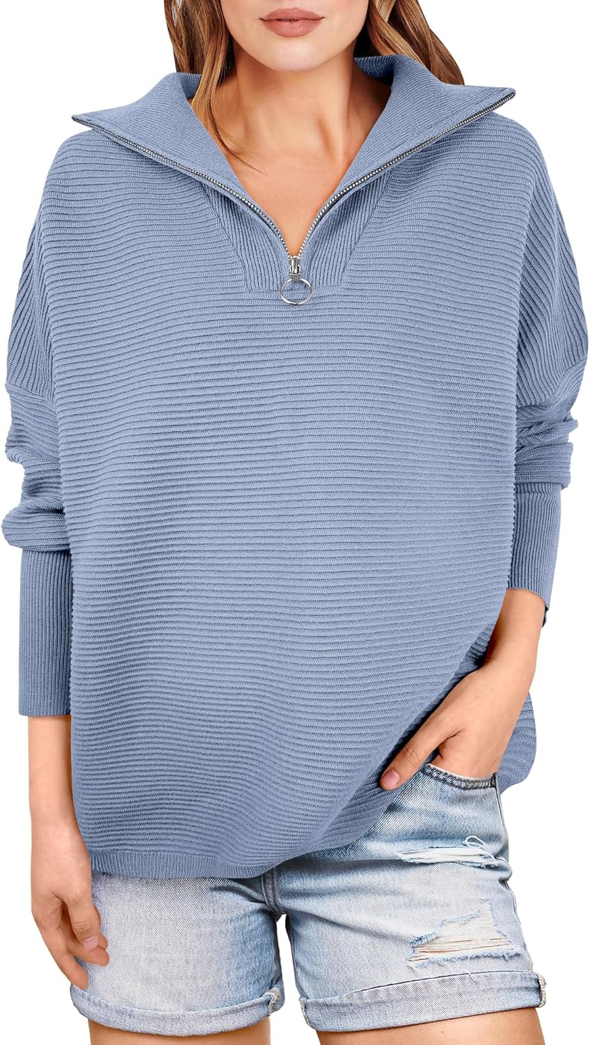 ANRABESS Women Quarter Zip Oversized Cozy Pullover Sweater
