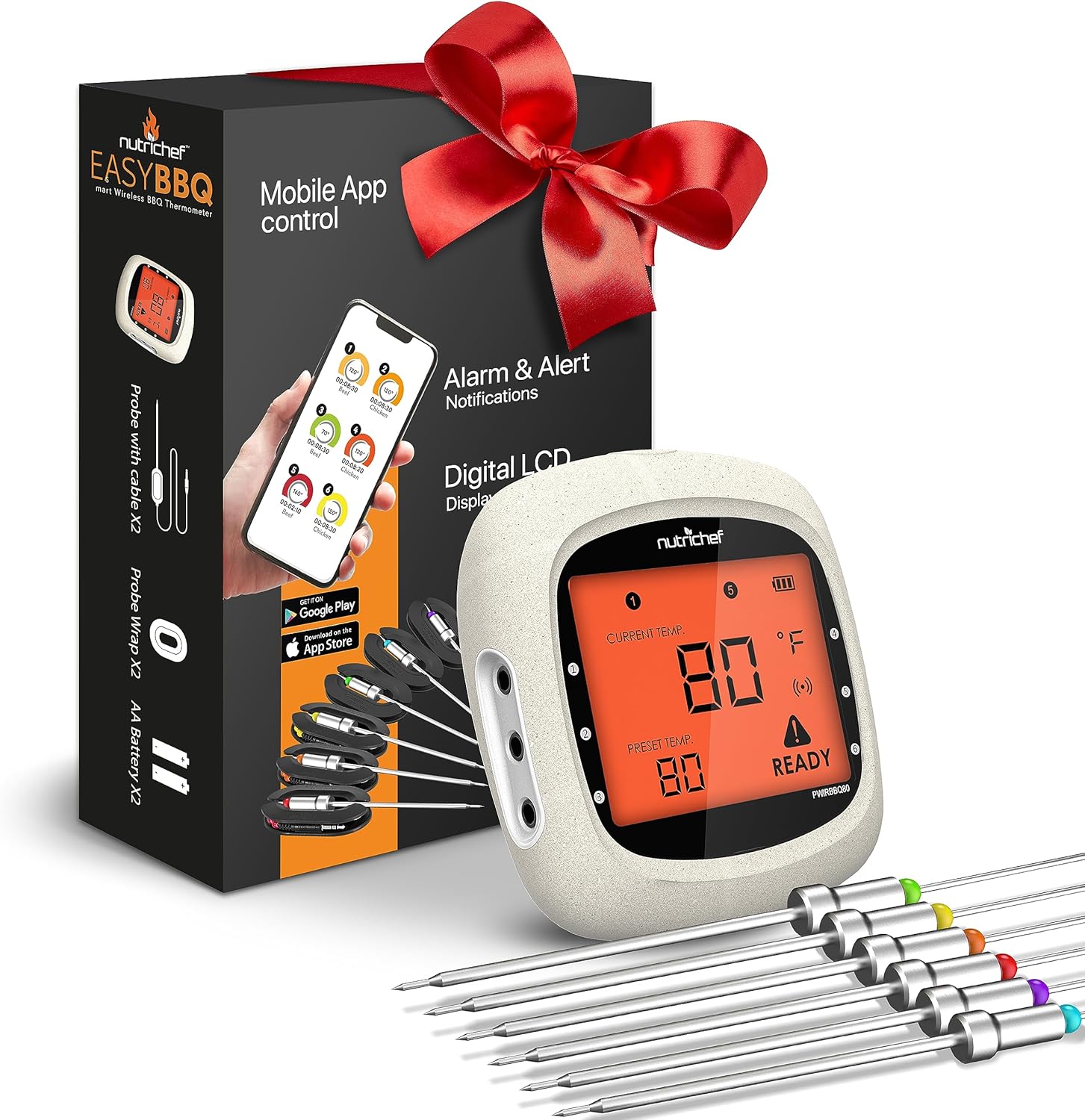NutriChef Bluetooth Meat Thermometer: 6 Probes, 6 Channels