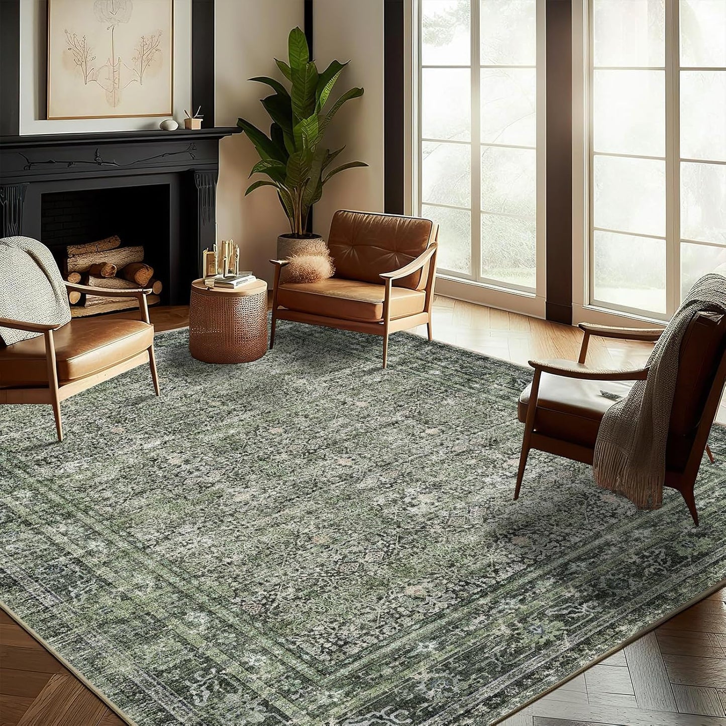 Washable Area Rug 9ftx12ft Retro Boho Design for High Traffic