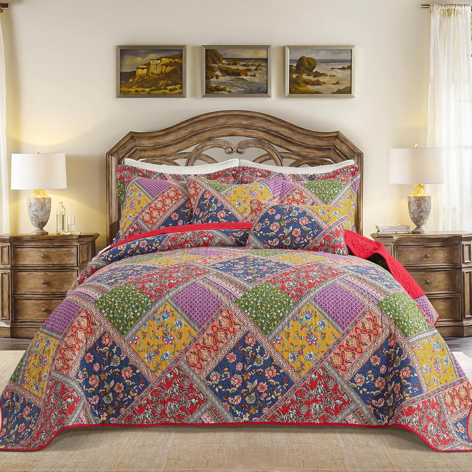 BEDIFANY Cotton Queen Quilt Set - Vintage Floral Bedspread