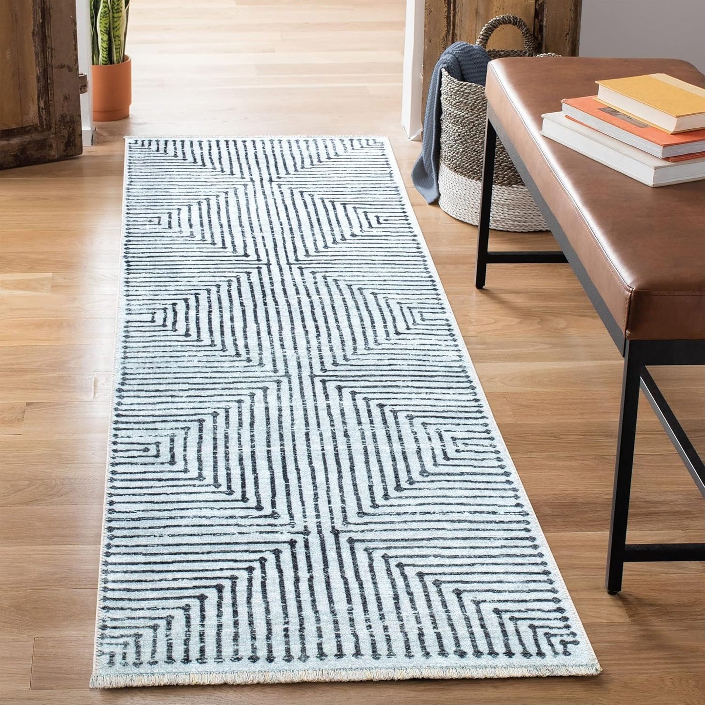Caria Washable Non-Slip 10 ft Runner - Ivory/Black Striped Rug