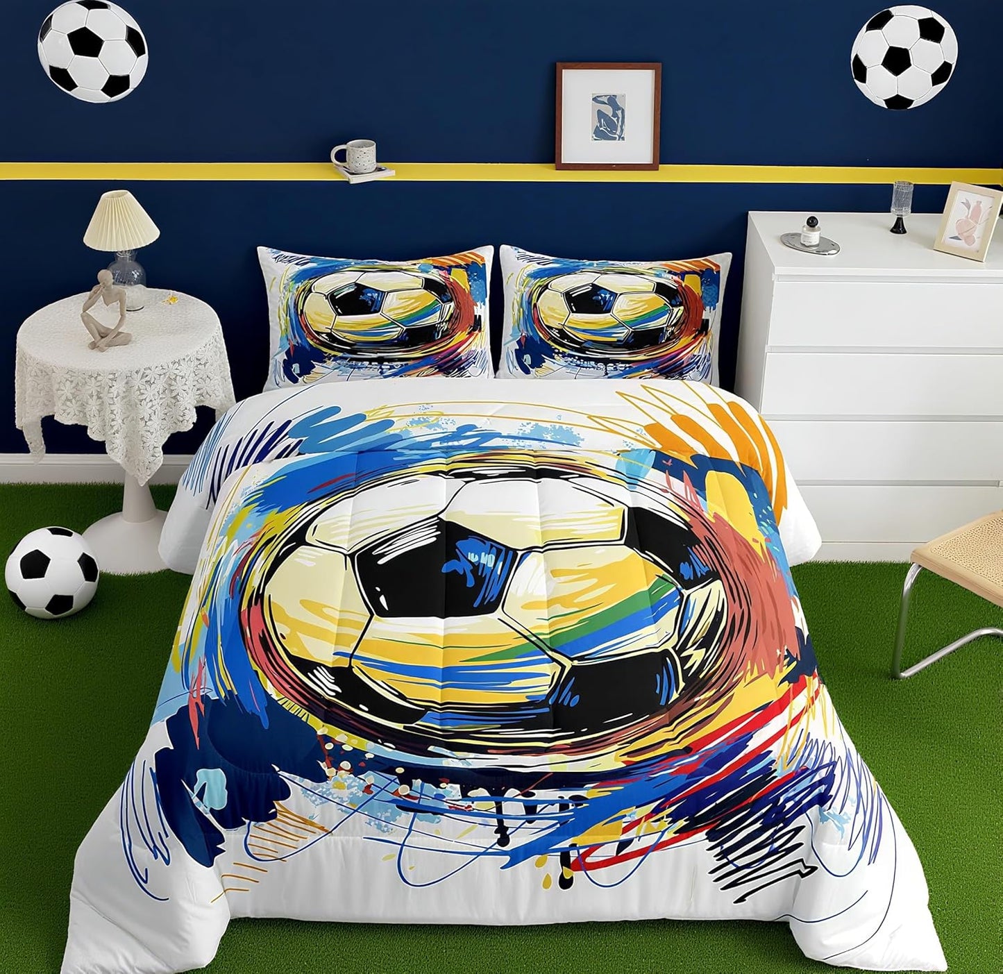 Boys Soccer Bedding Set Twin Size Comforter for Kids Sports