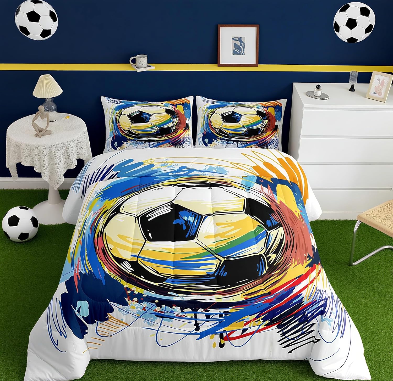 Boys Soccer Bedding Set Twin Size Comforter for Kids Sports
