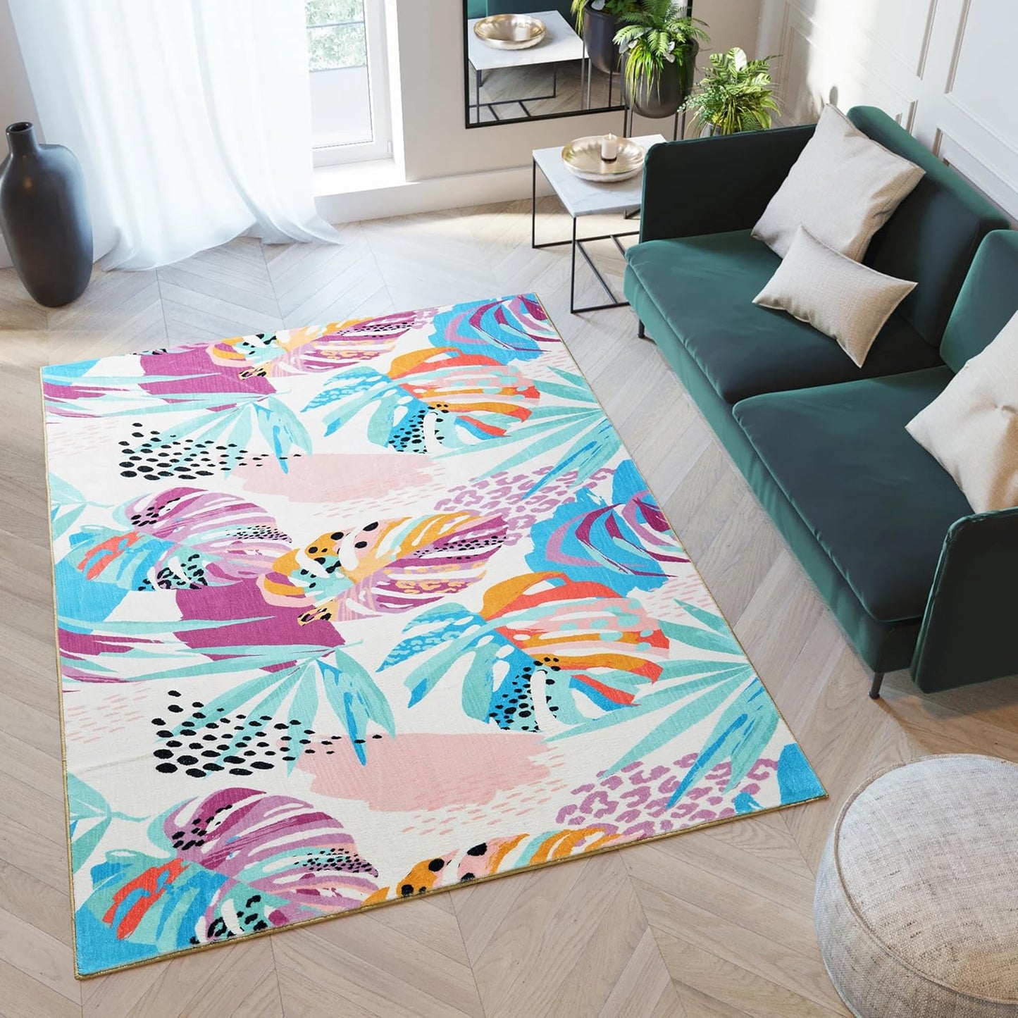 RoomTalks Tropical Leaves Washable Rug for Modern Home Decor