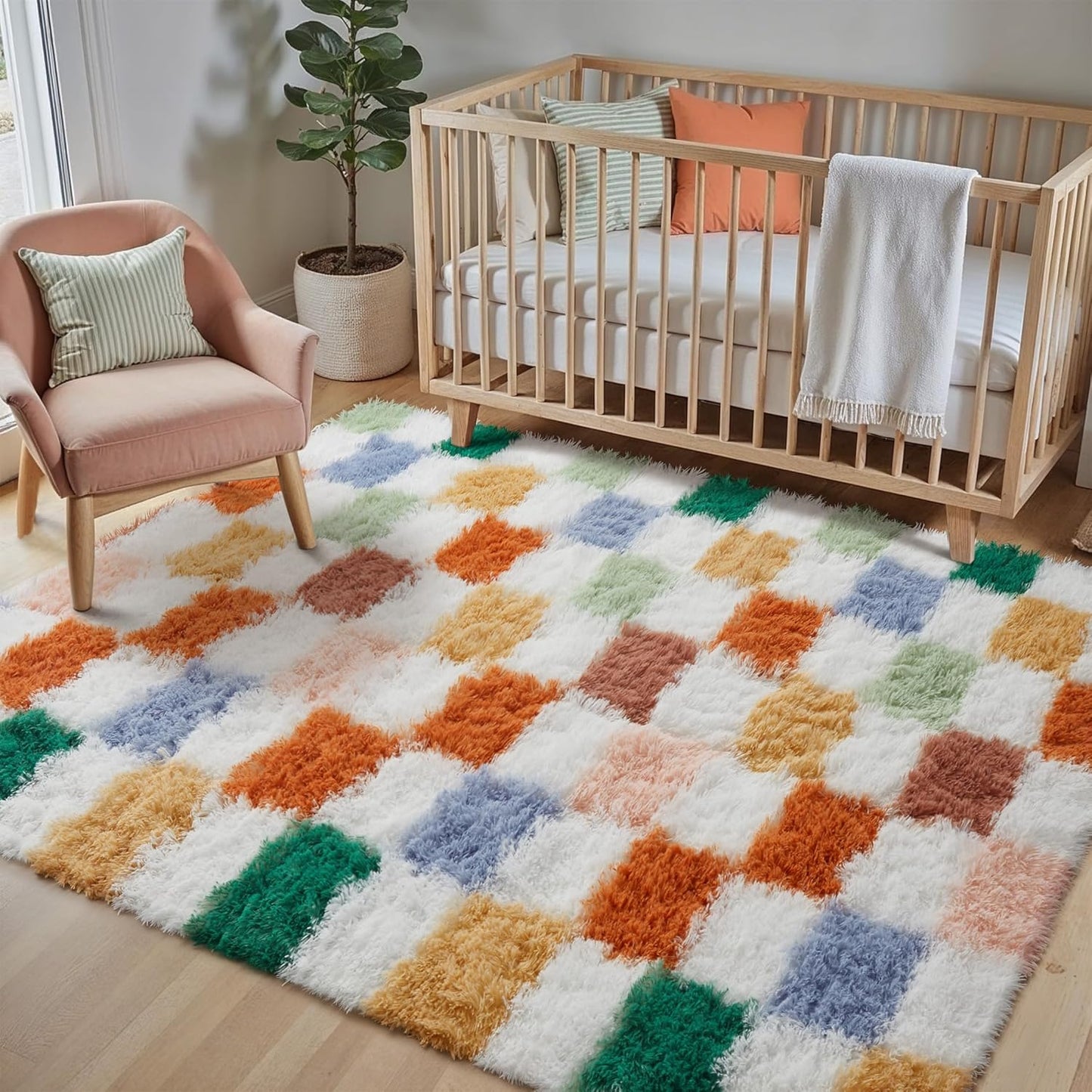 Checkered Rug 4x6 for Living Room, Modern Neutral Shag Rug