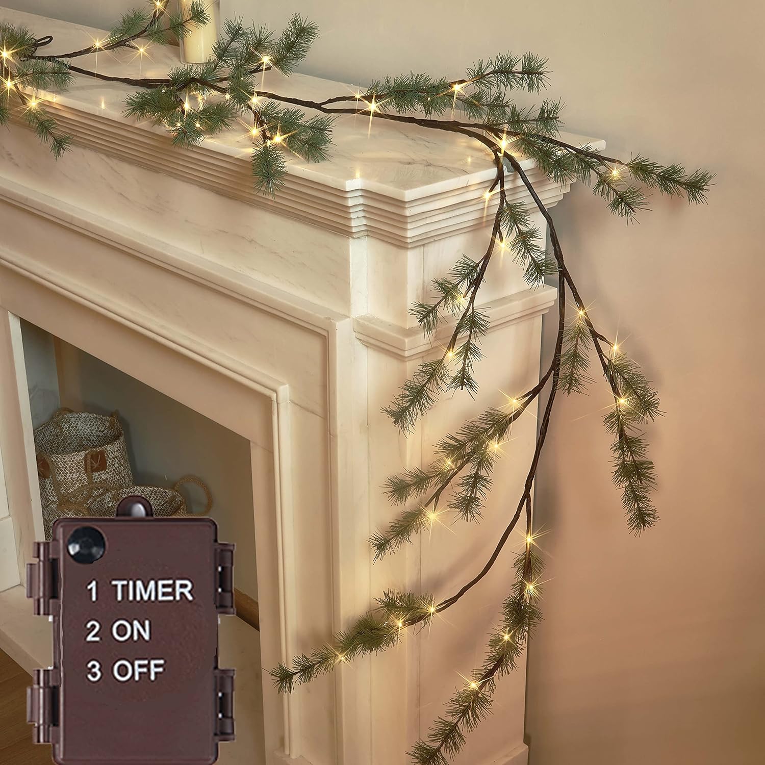 Lighted Pine Garland 6FT with Timer for Holiday Decoration