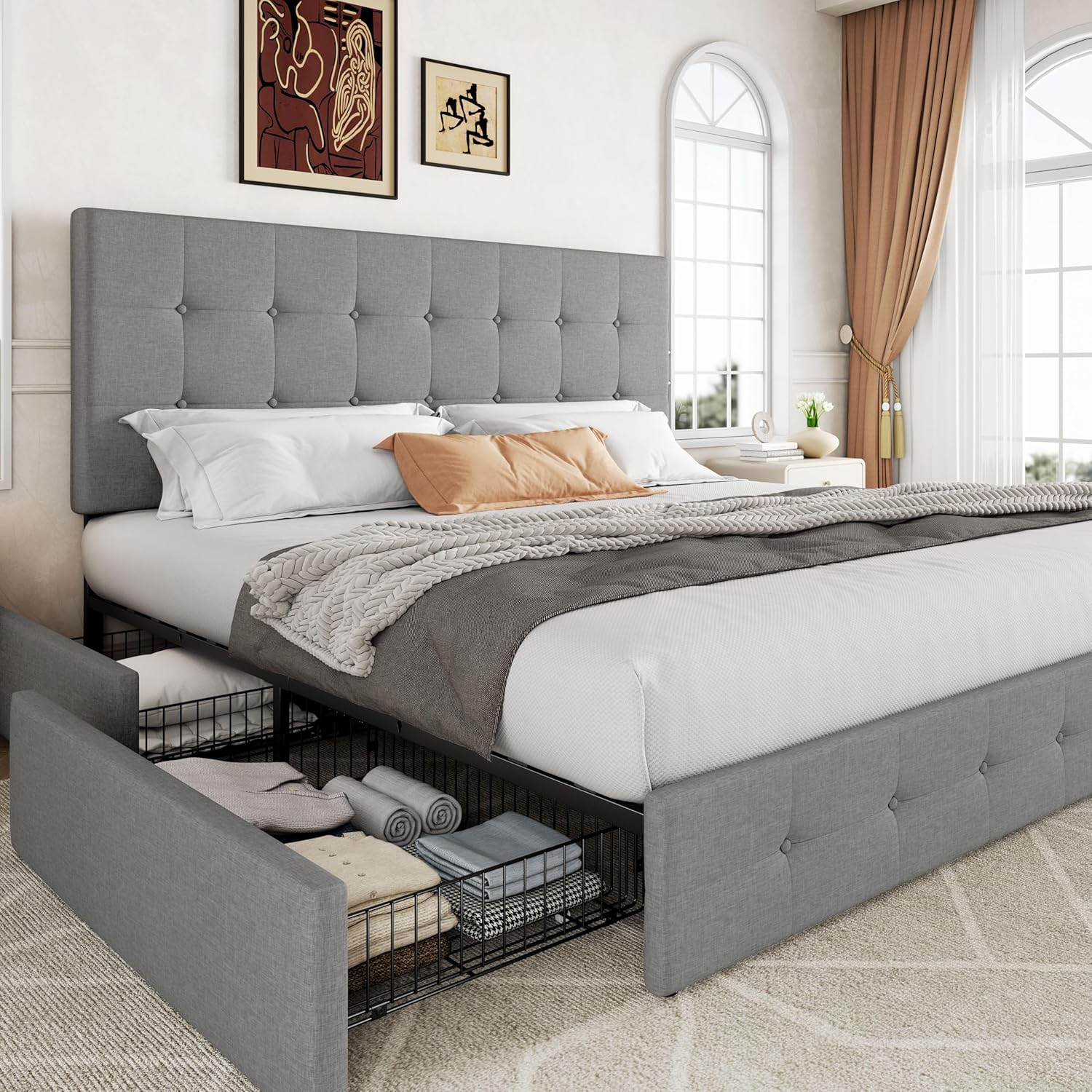 Allewie Upholstered King Size Platform Bed Frame with Storage