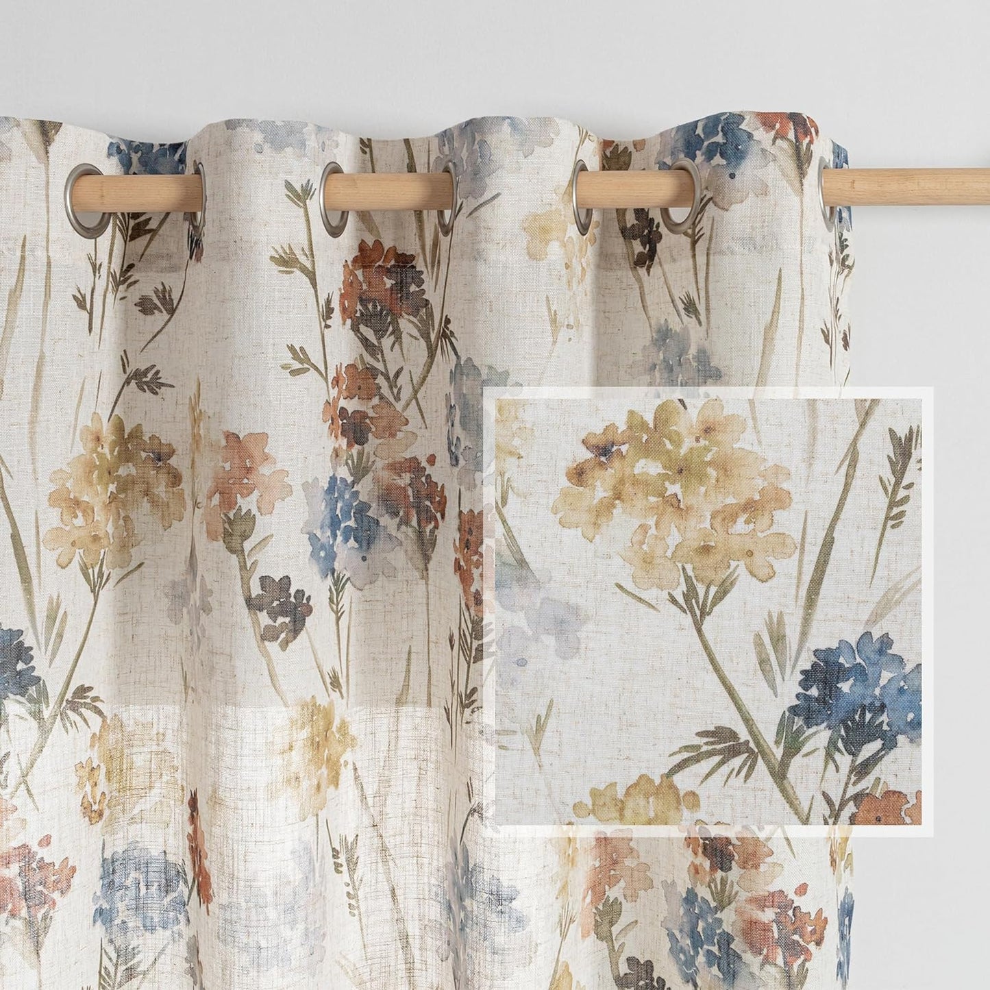 Linen Curtains 54 inch Floral Pattern Light Filtering Drapes