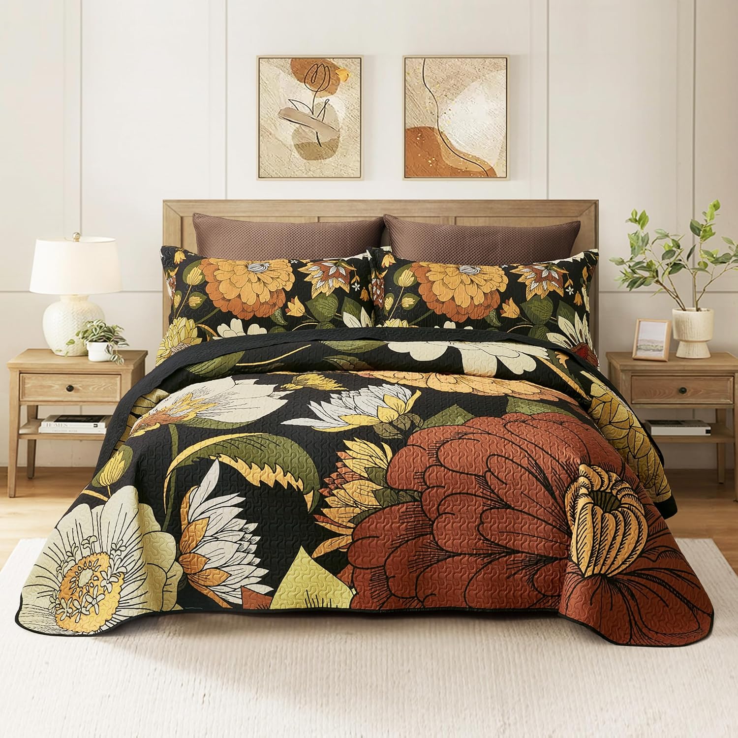 3 Piece Black Boho Floral King Size Quilt Set for All Seasons