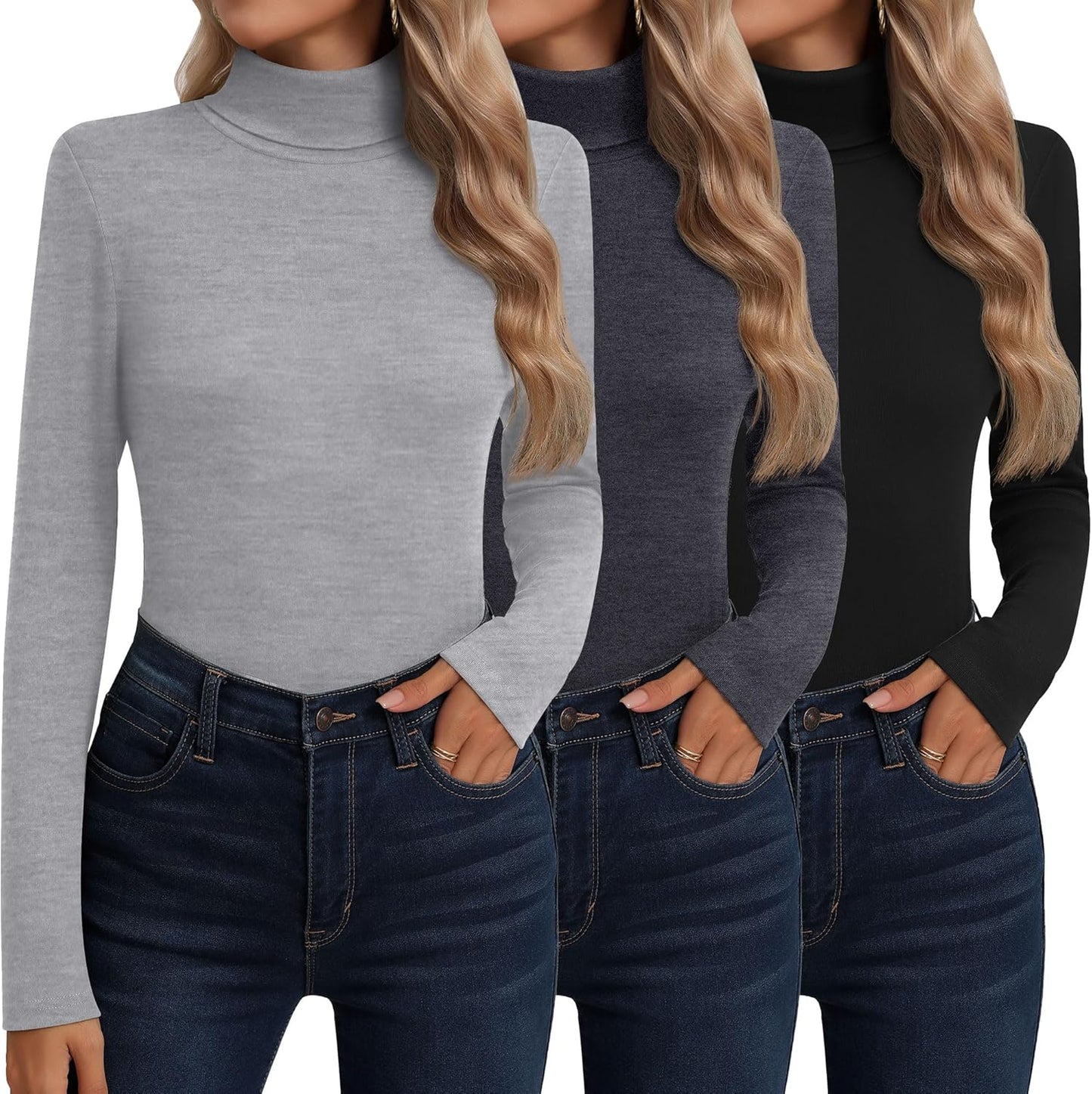 Neer 3 Pack Cotton Women's Turtleneck Long Sleeve Tops