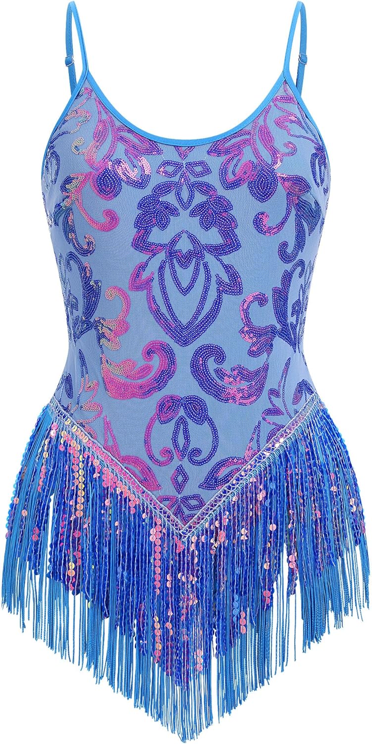 IBAKOM Women Sexy Sequins Fringe Bodysuit for Dance and Rave