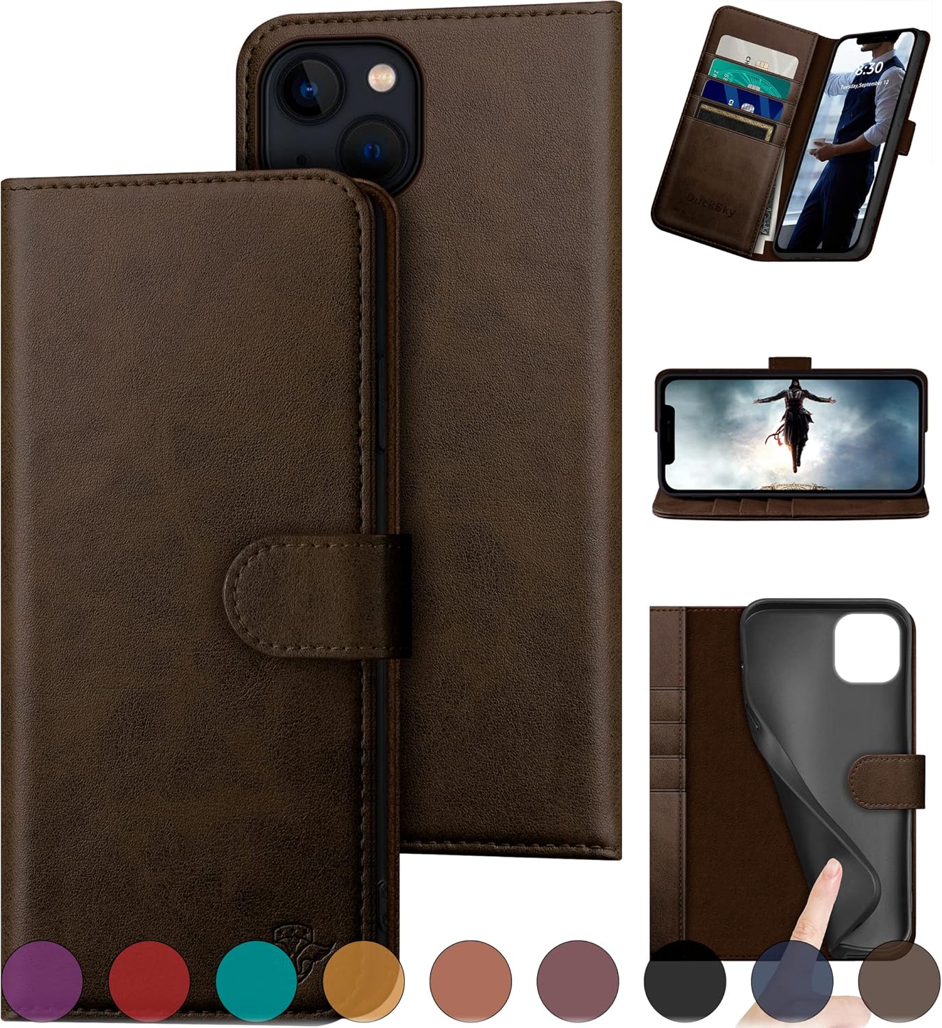 Genuine Leather Wallet Case for iPhone 13 with RFID Blocking