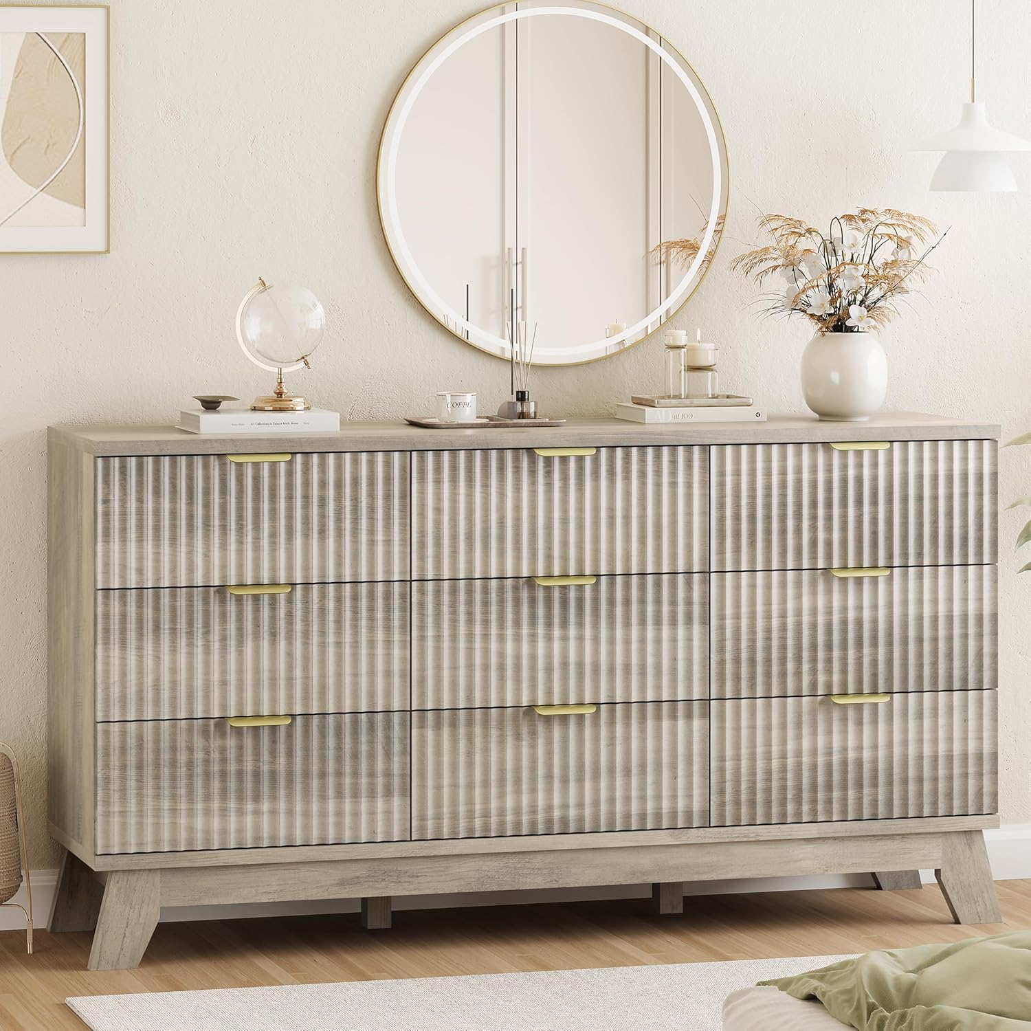 Fluted Dresser for Bedroom with 9 Drawers, 57 in Wide