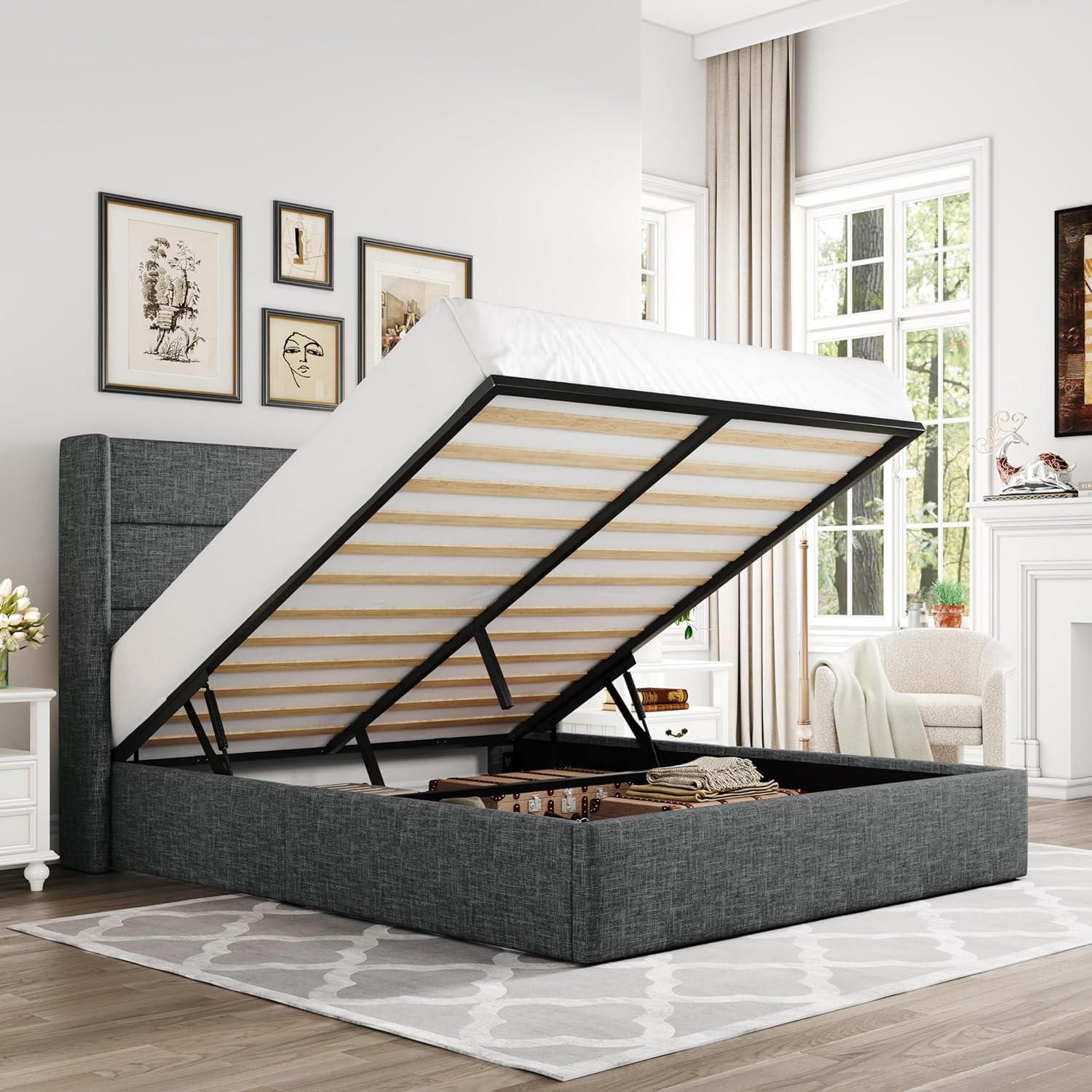 Allewie Full Size Lift Up Storage Bed with Elegant Headboard