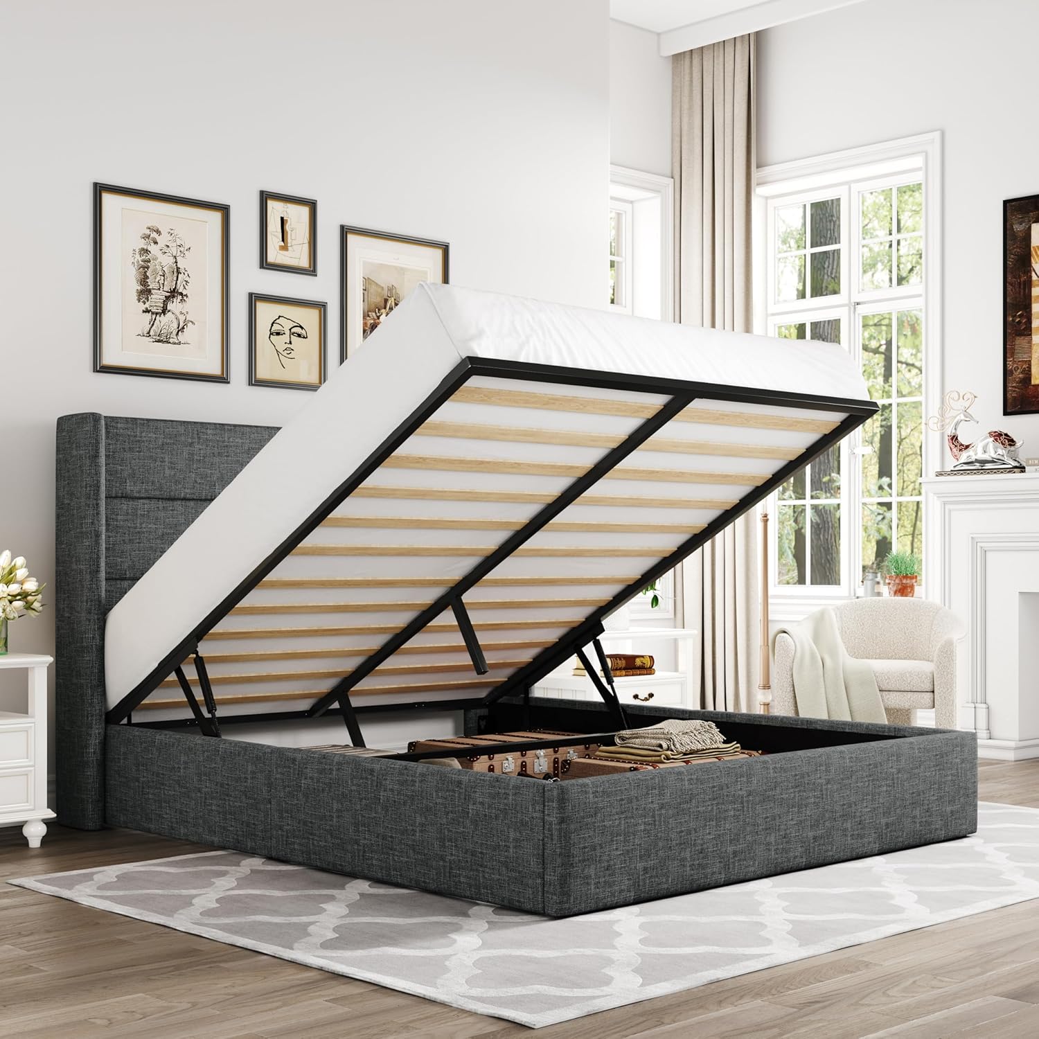 Allewie Queen Size Lift Up Storage Bed with Elegant Headboard